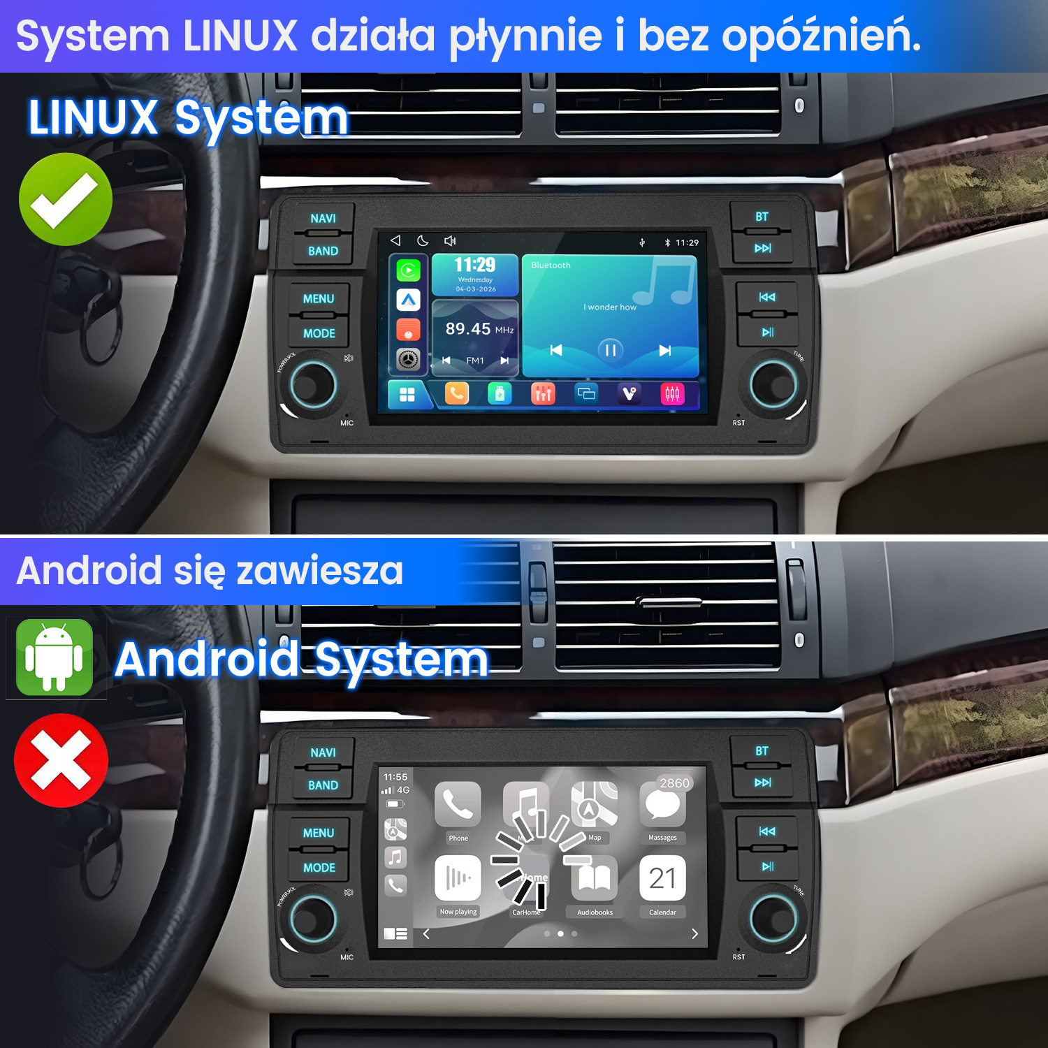 Góra: System Linux, dół: System Android z błędem.