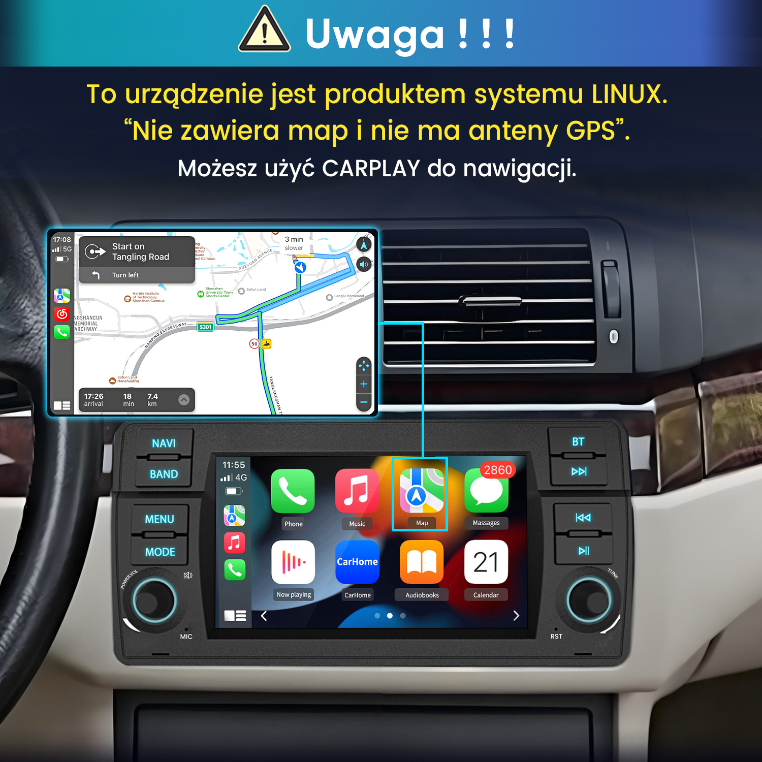 System infotainment samochodu wyświetlający mapę nawigacji i ikony aplikacji.