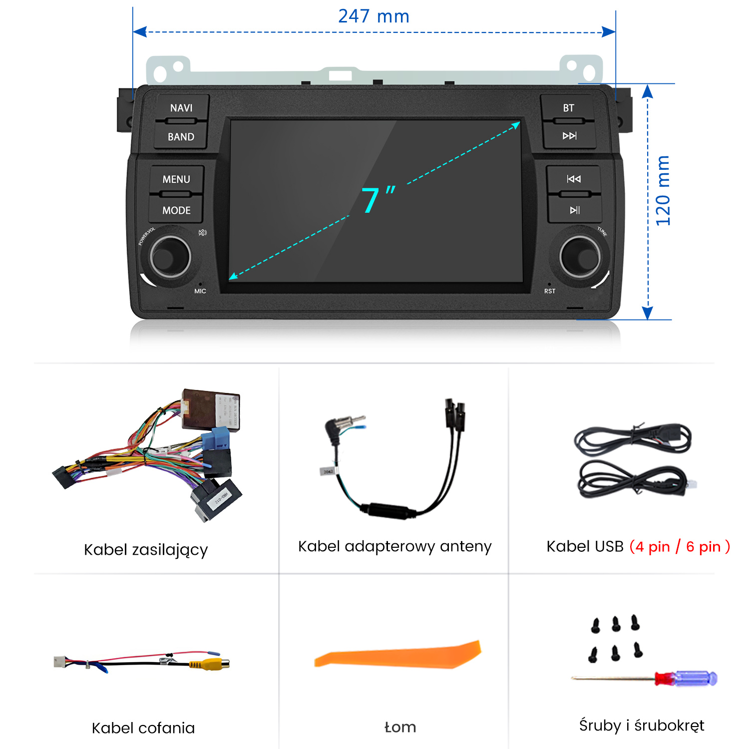 Radio samochodowe 7 cali z przyciskami Navi, Band, Menu, Mode, BT, kablami USB i antenowymi.