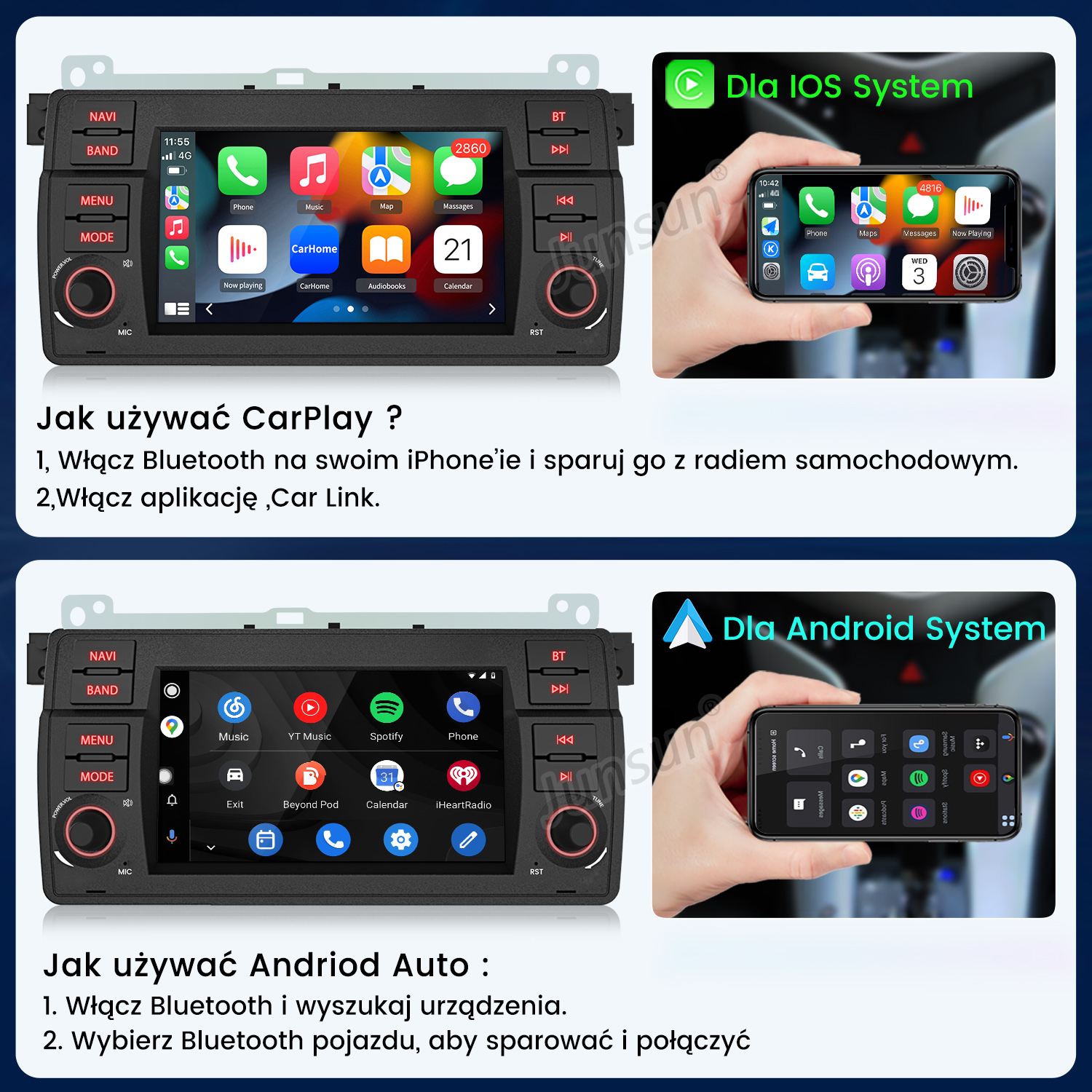 System multimedialny samochodu pokazujący integrację telefonu CarPlay i Android Auto.