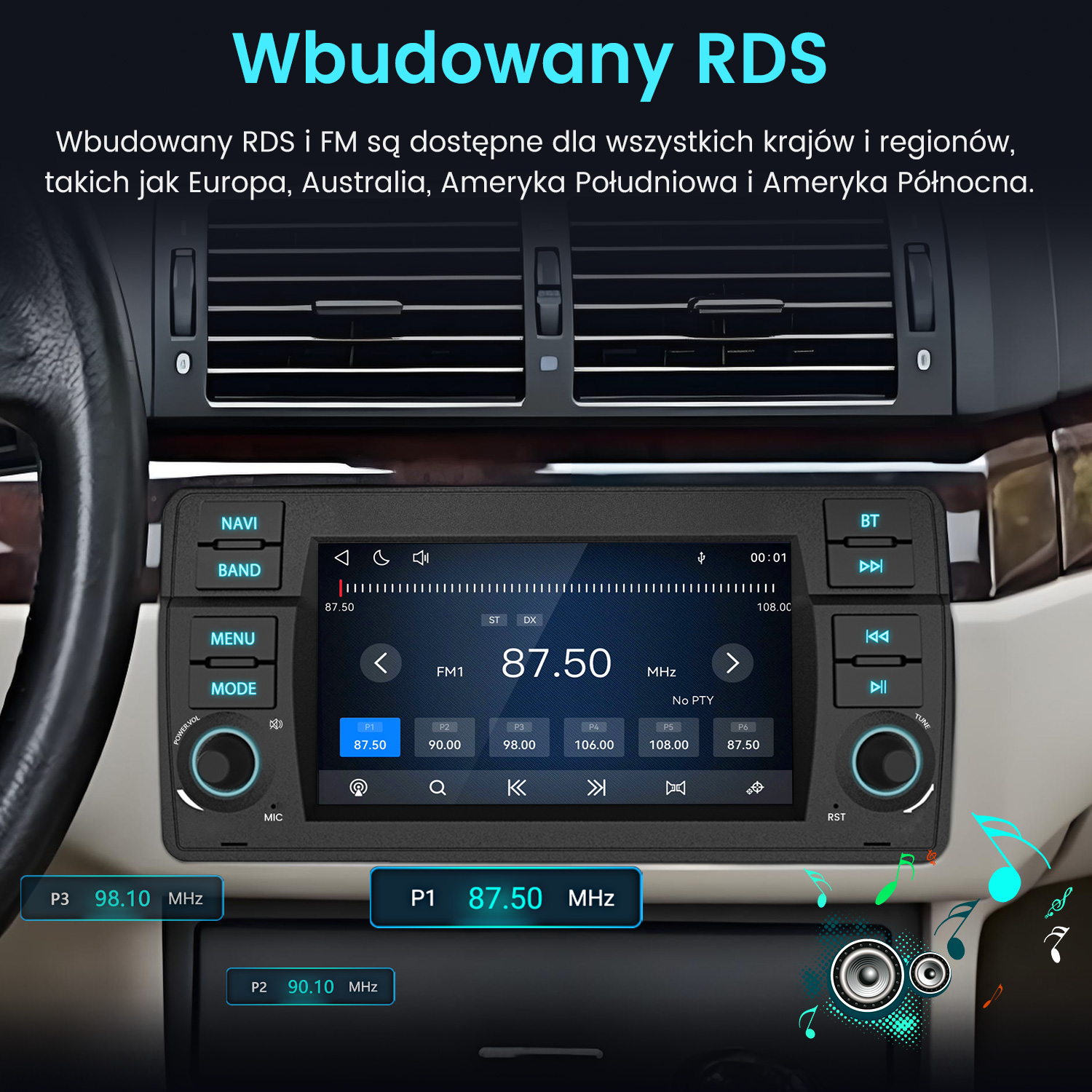 Radio samochodowe z ekranem dotykowym pokazujące częstotliwość 87.50 MHz, przyciski.