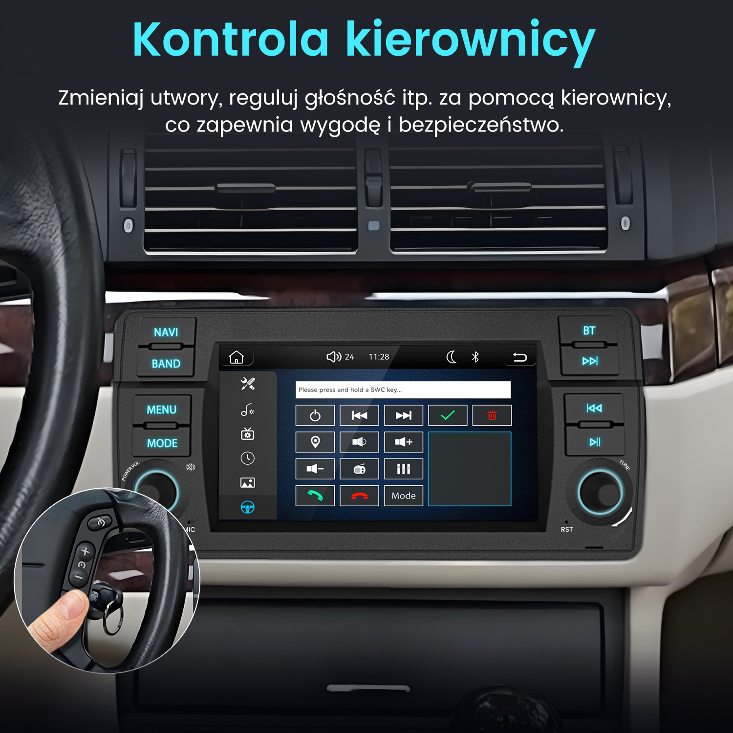 Deska rozdzielcza samochodu z radiem dotykowym i kierownicą.