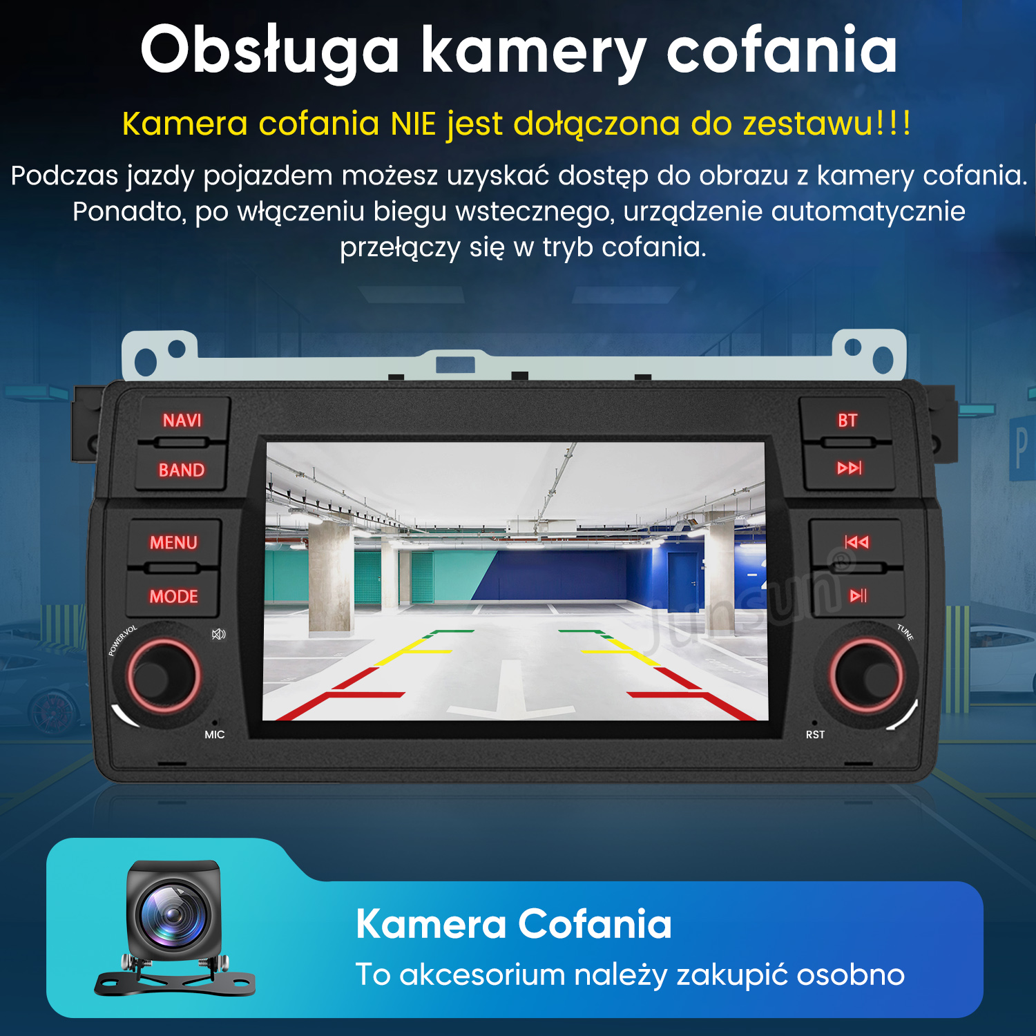 Ekran radia samochodowego pokazuje widok z kamery cofania parkingu.