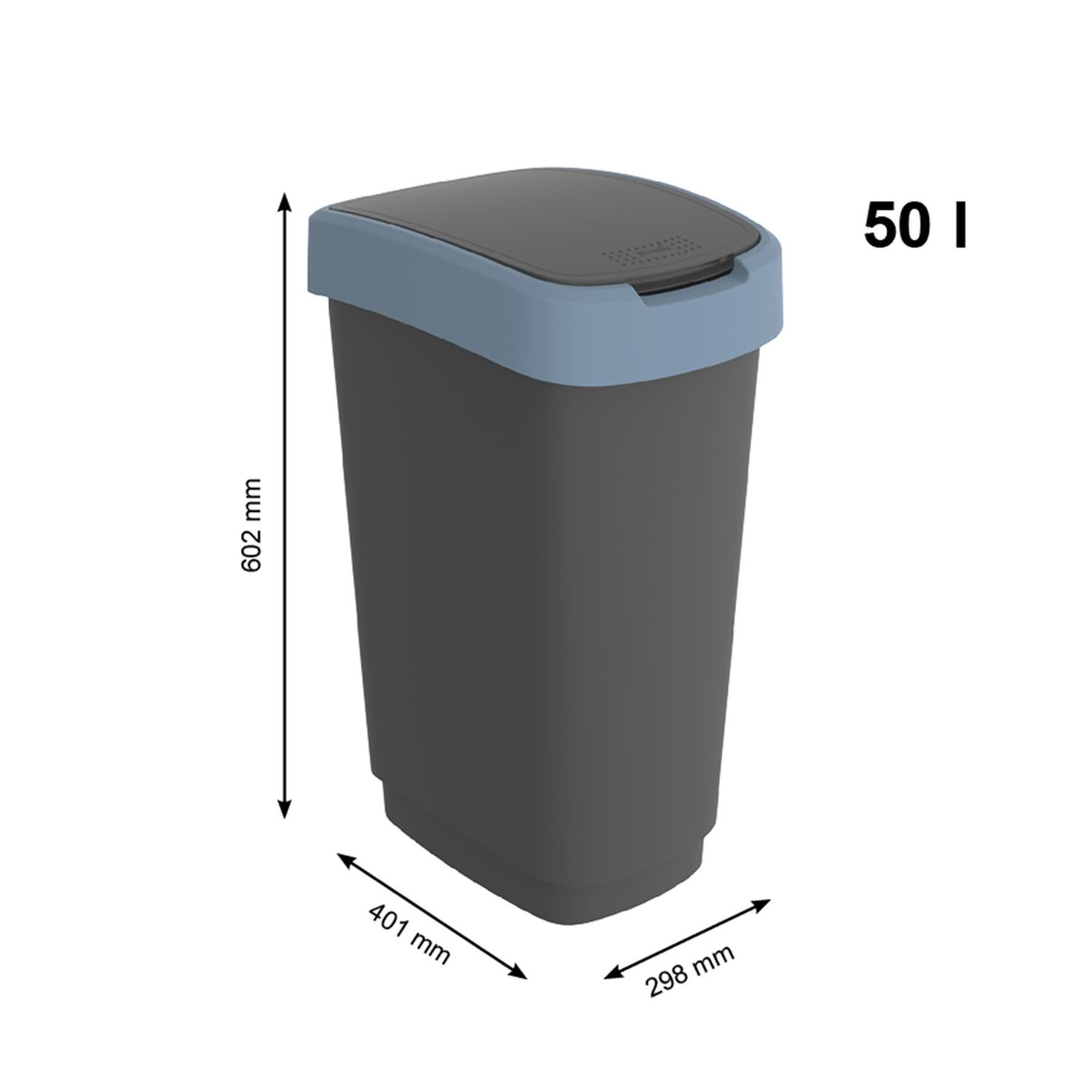Szary kosz na śmieci z niebieską pokrywą, pojemność 50L. Wys:602mm, Głę:401mm, Szer:298mm.