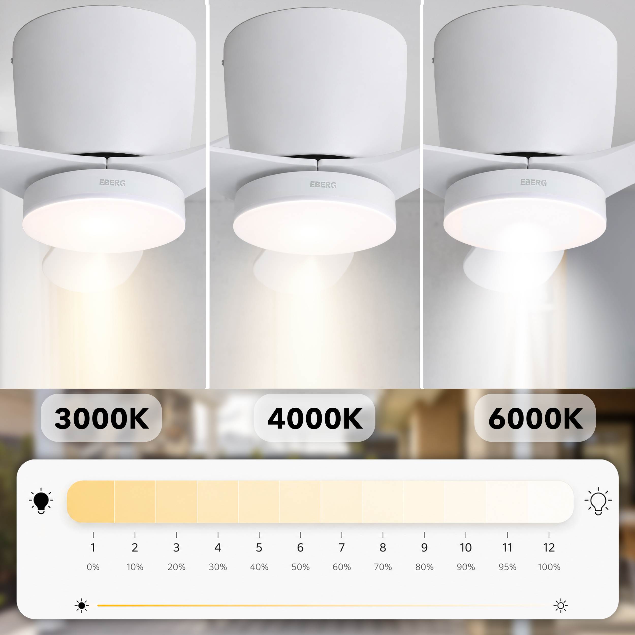 Lampa sufitowa z trzema temperaturami barwowymi: 3000K, 4000K, 6000K i suwakiem jasności.