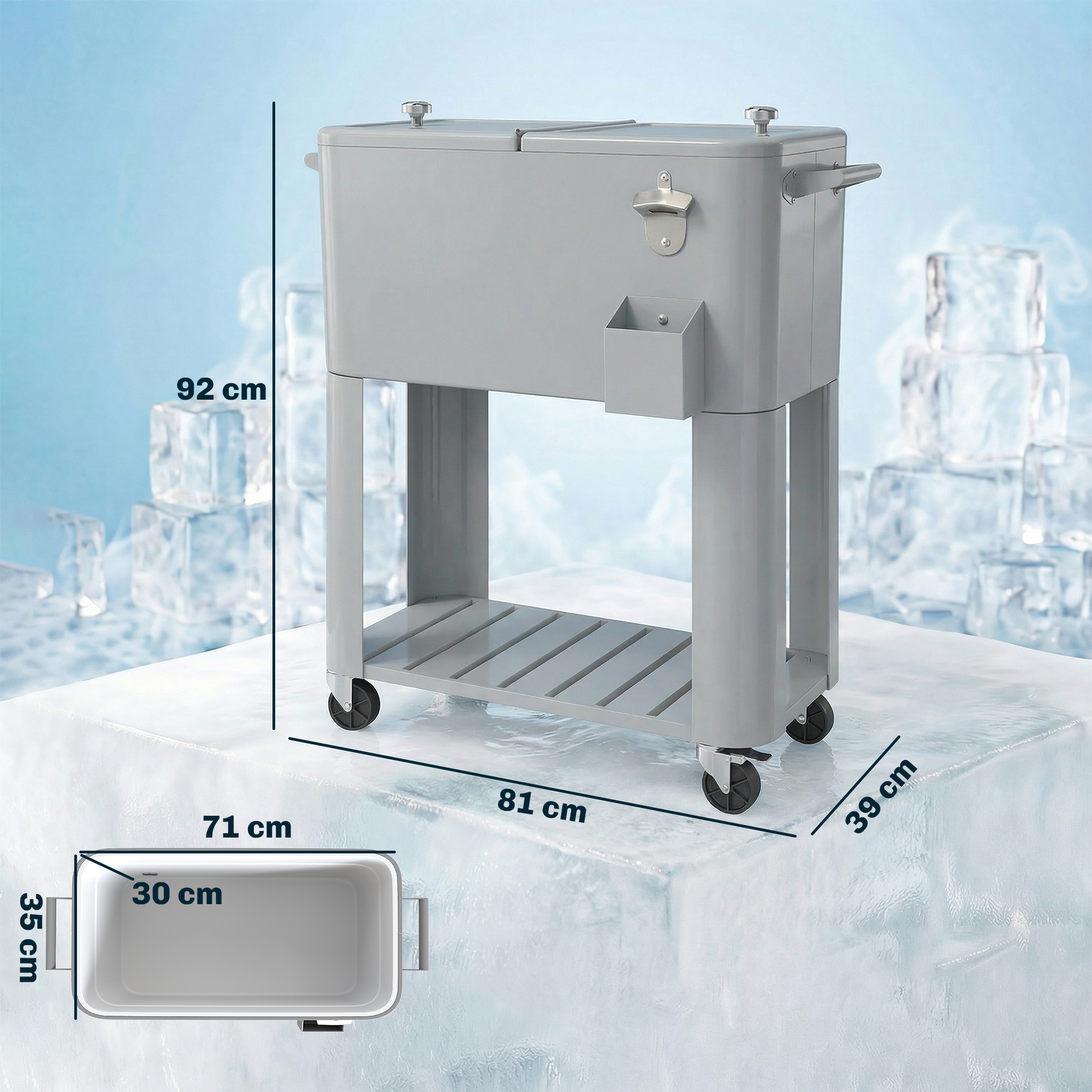 Frigorifero portatile grigio con apribottiglie, dimensioni 92x71x39cm, su ghiaccio.