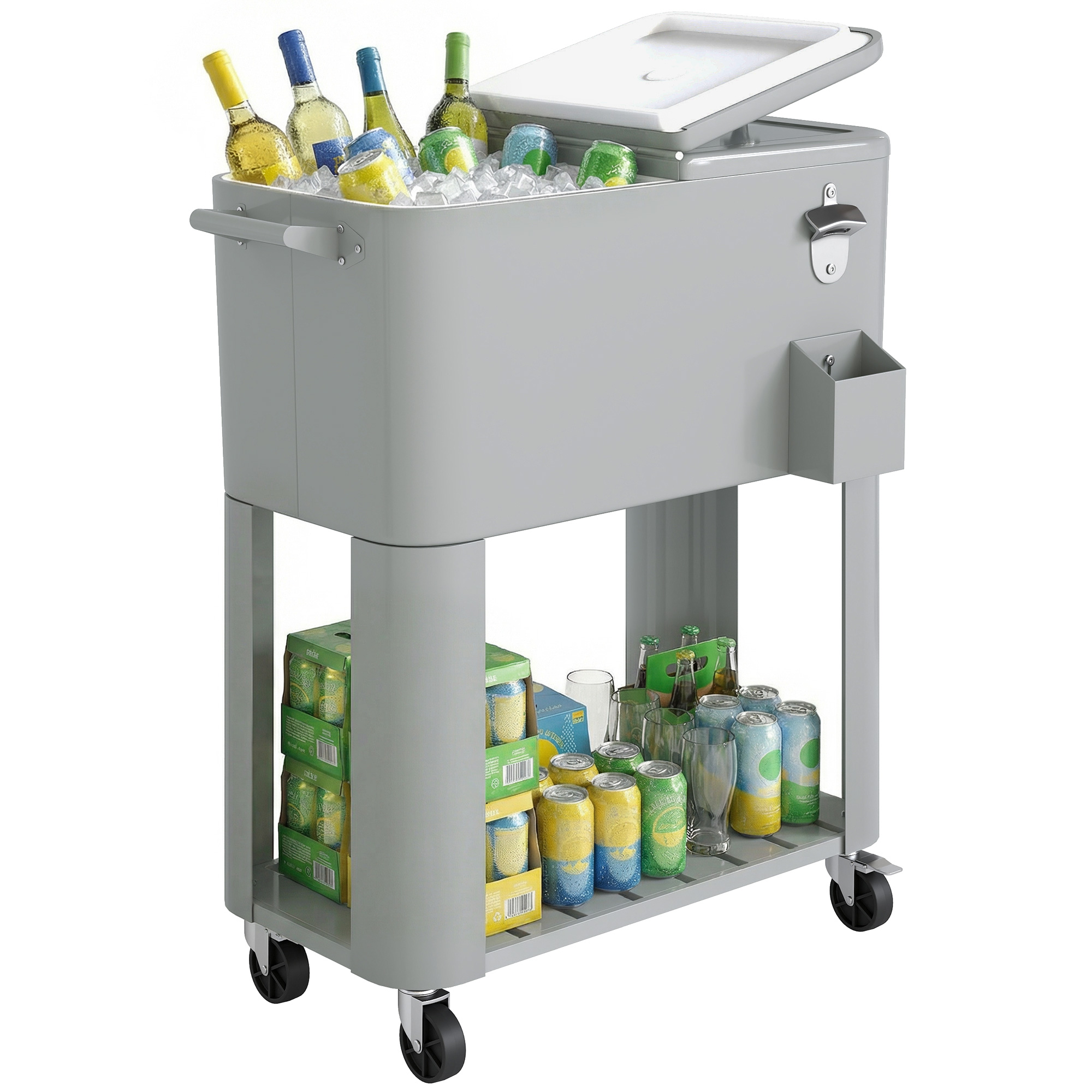 Un refrigeratore grigio su ruote pieno di bottiglie, lattine e ghiaccio. Sotto ci sono casse e bicchieri.