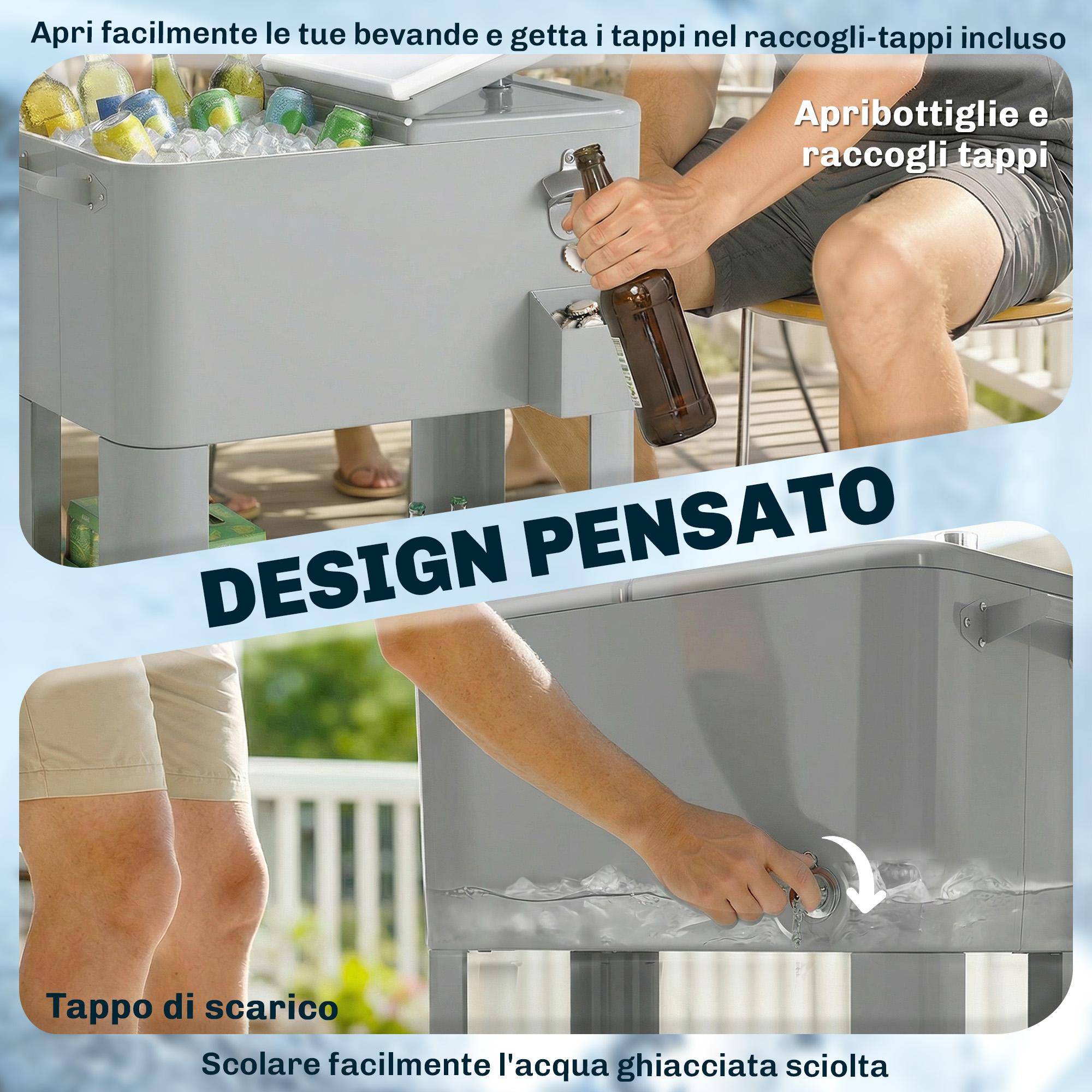 Bebidas en enfriador gris con abridor y tapón de drenaje.