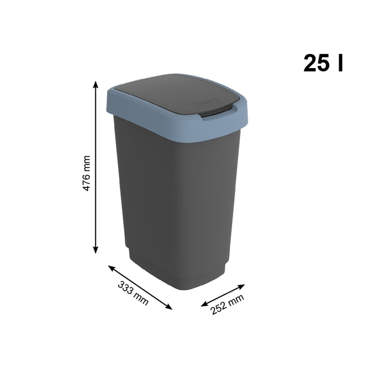 Szary kosz na śmieci z niebieską pokrywą, 25l, wys:476mm, szer:333mm, gł:252mm.