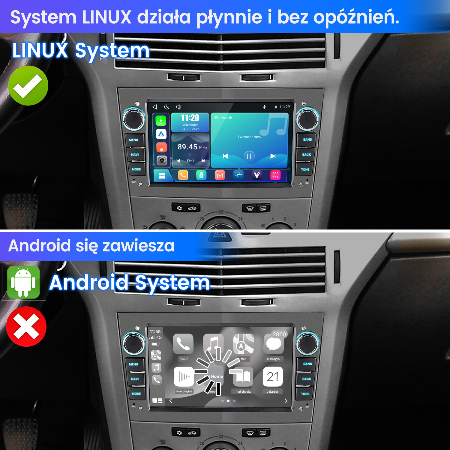 Góra: System Linux działa płynnie. Dół: System Android się zawiesza.