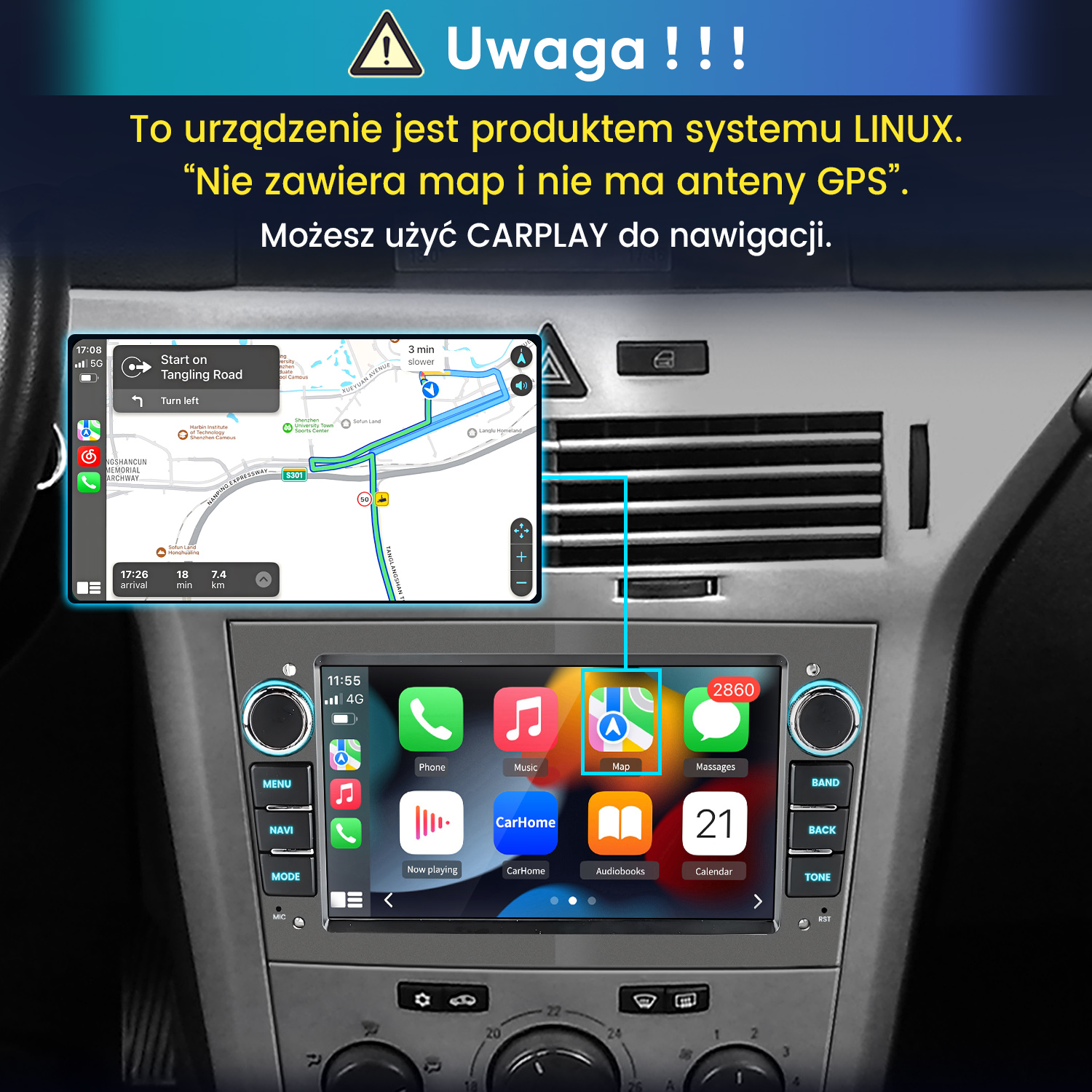 Radio samochodowe wyświetlające interfejs CarPlay iPhone z nawigacją na ekranie.