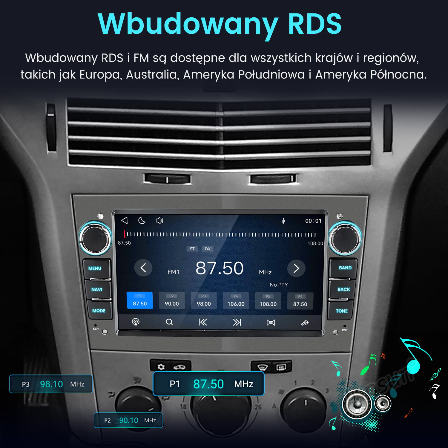 Deska rozdzielcza samochodu z radiem cyfrowym. Główny ekran pokazuje 87,50 MHz. RDS i FM.
