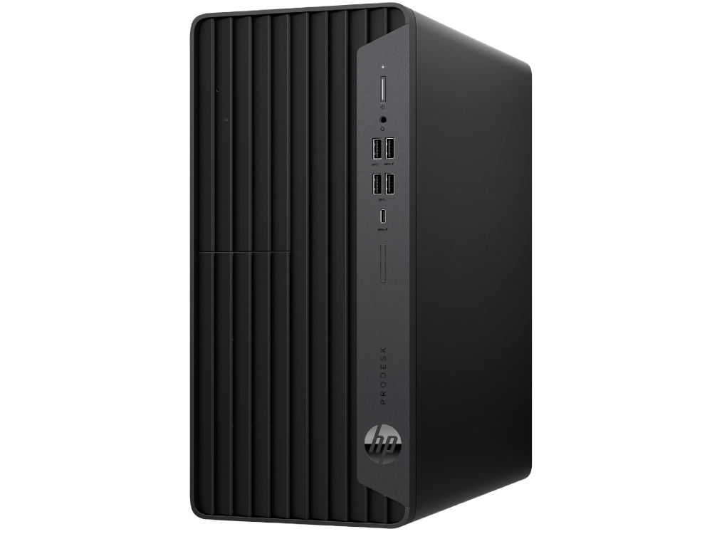 Czarna obudowa komputera HP ProDesk, stojąca pionowo, z widocznymi portami z przodu.