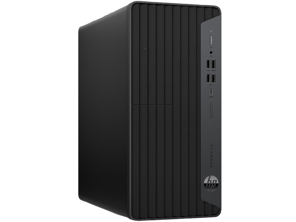 Czarna obudowa komputera HP ProDesk z pionowymi szczelinami wentylacyjnymi i portami z przodu.
