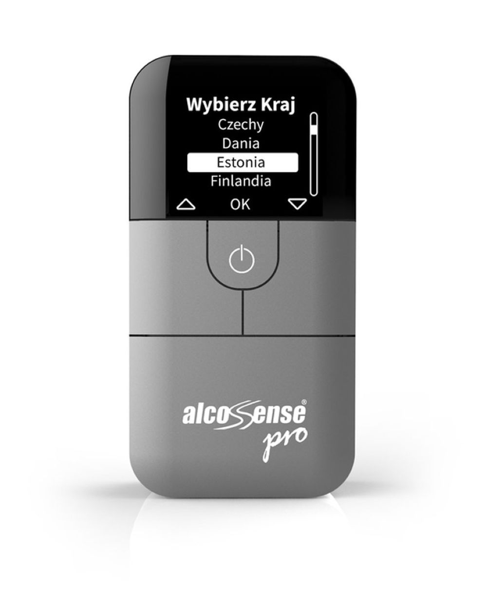 Szare urządzenie Alcosense Pro z ekranem wyświetlającym opcje wyboru kraju.