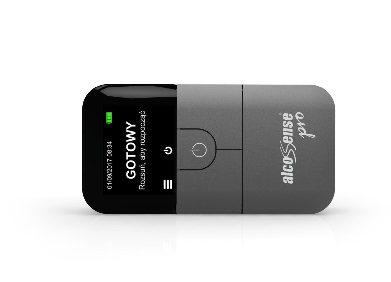 Szary alkomat AlcoSense Pro z ekranem pokazującym 'GOTOWY' i