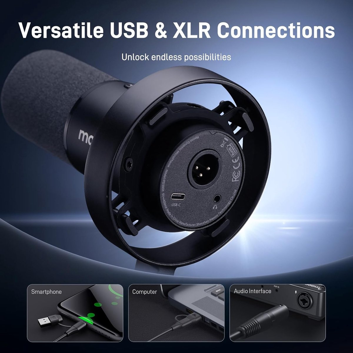 Microphone with USB-C and XLR ports, connecting to smartphone, computer, and audio interface.