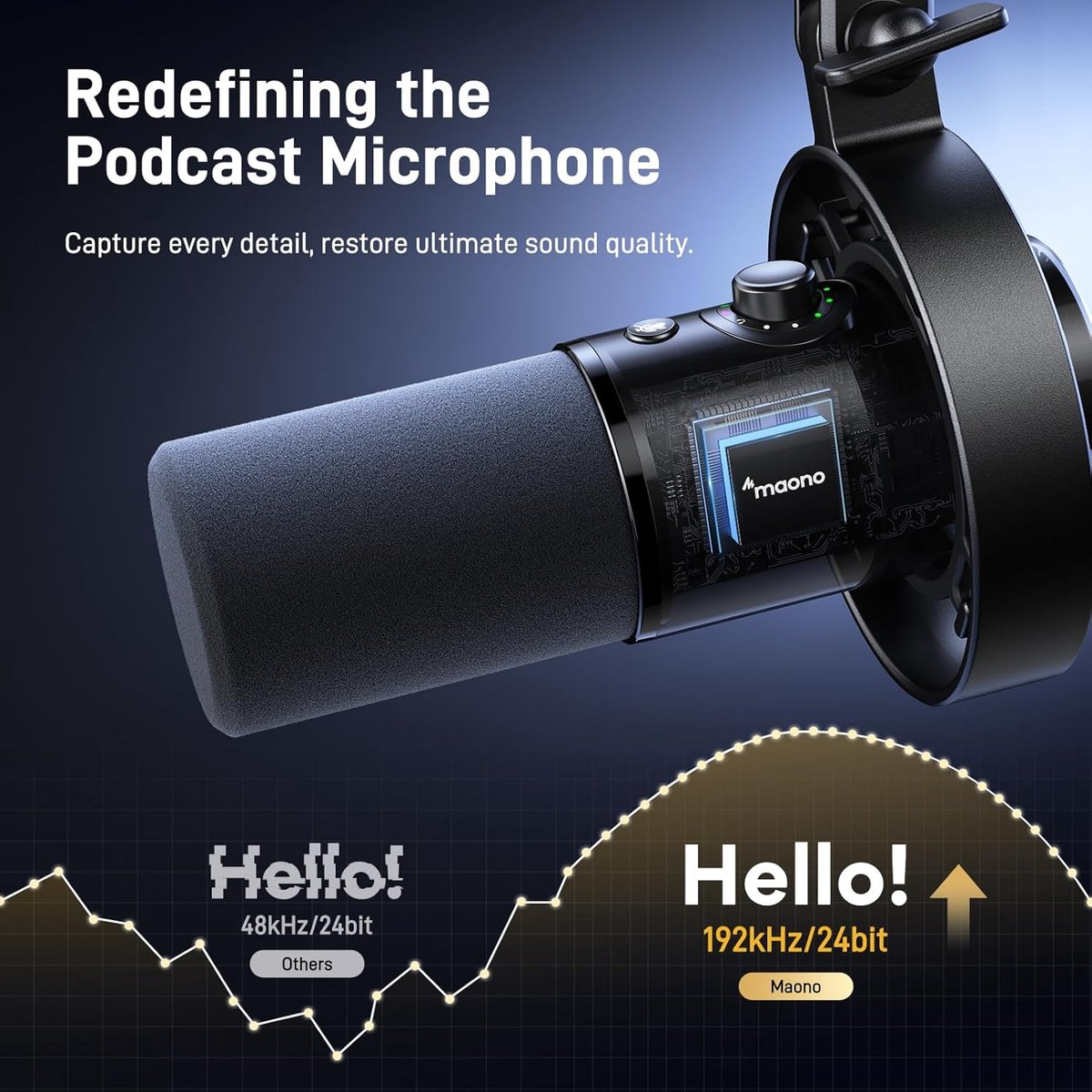 A black microphone with text about podcast recording and sound quality.