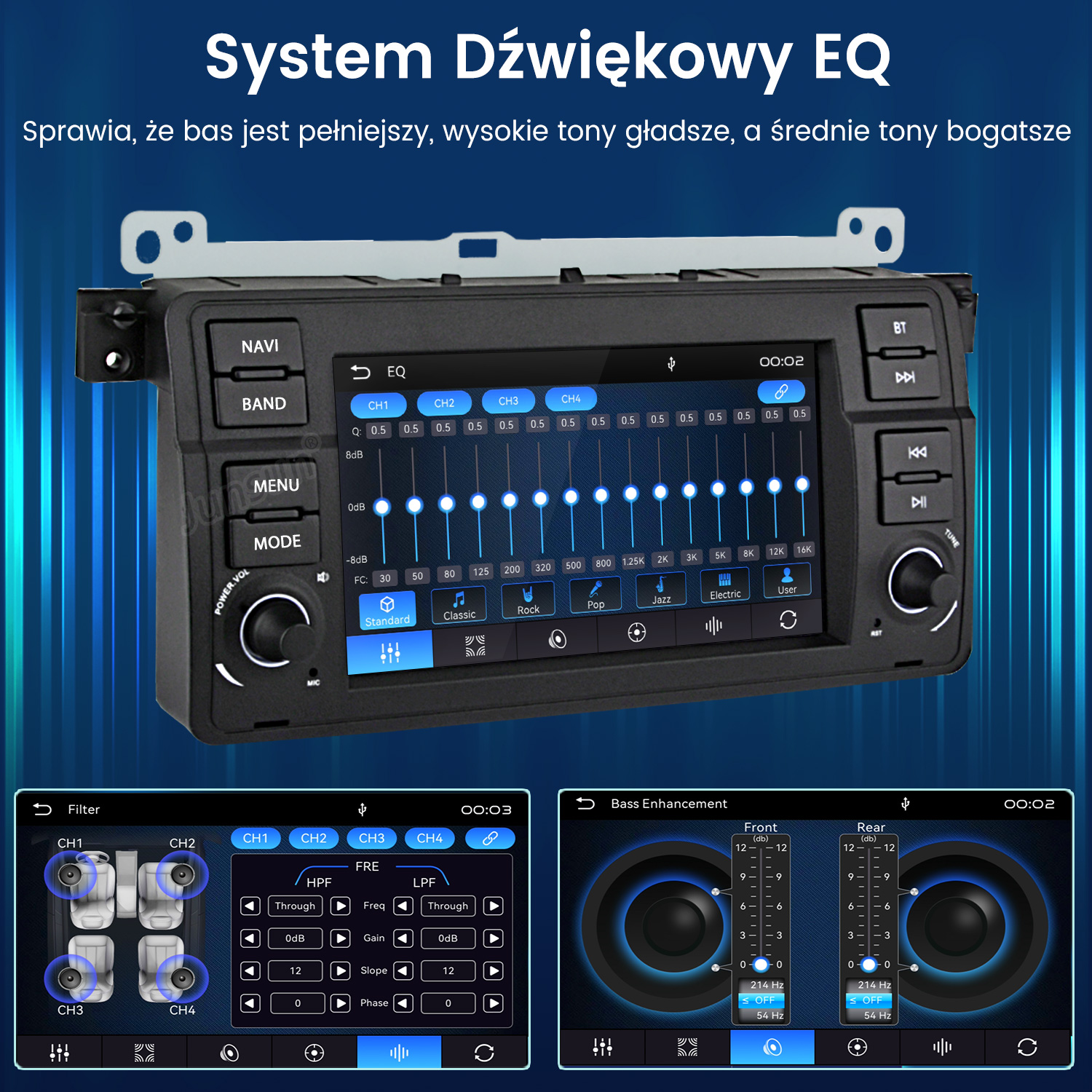Wyświetlacz samochodowego radioodtwarzacza pokazuje menu korektora, filtra i wzmocnienia basów z ikonami.