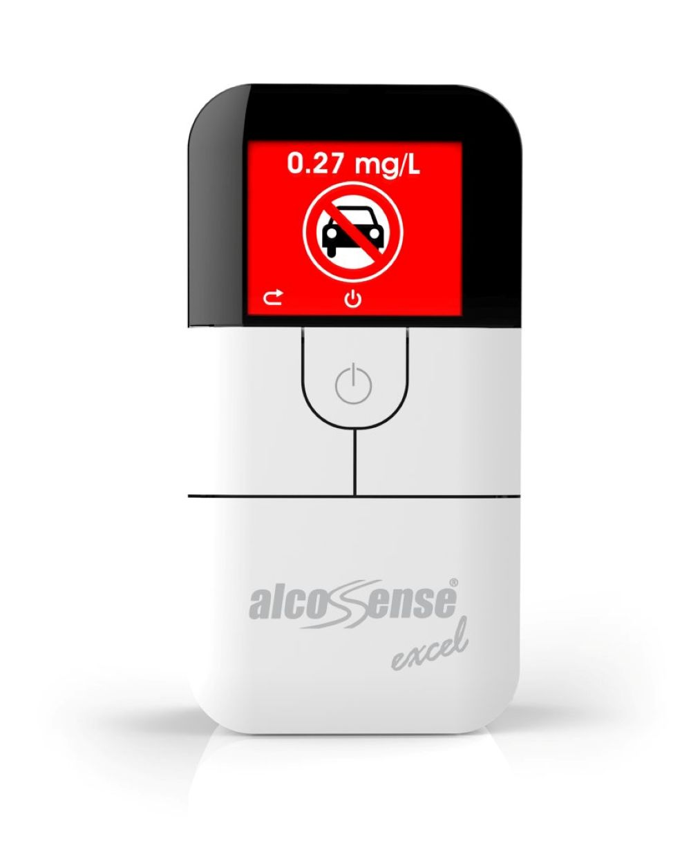 Biały alkomat pokazuje 0,27 mg/L z symbolem zakazu jazdy samochodem.