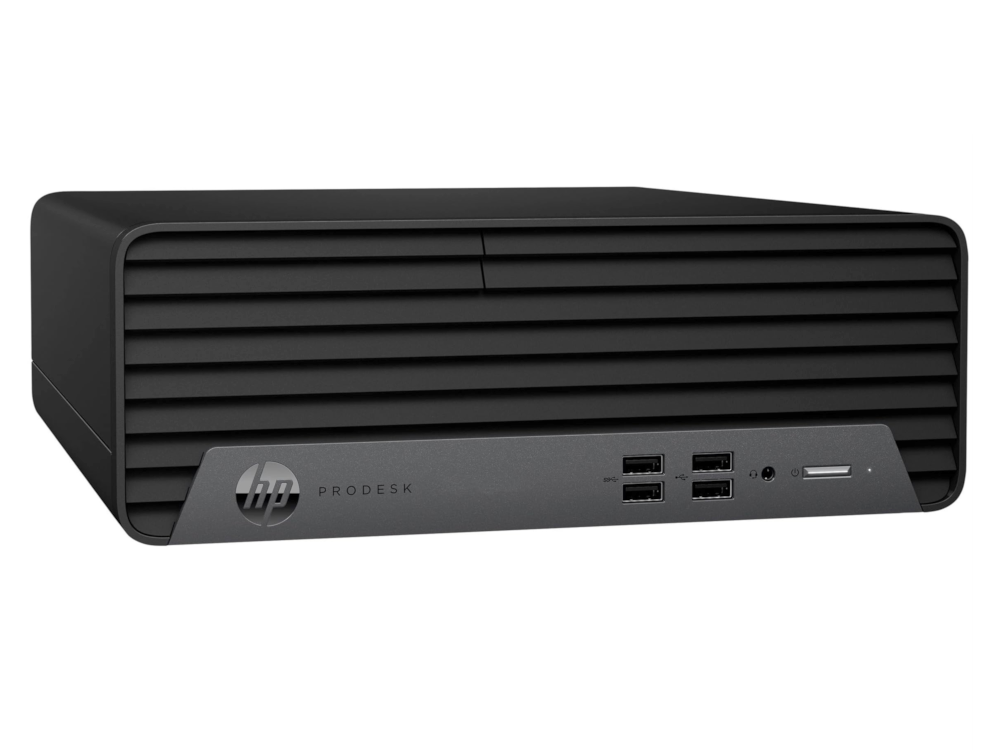 Czarny komputer HP ProDesk z poziomymi otworami wentylacyjnymi i portami.