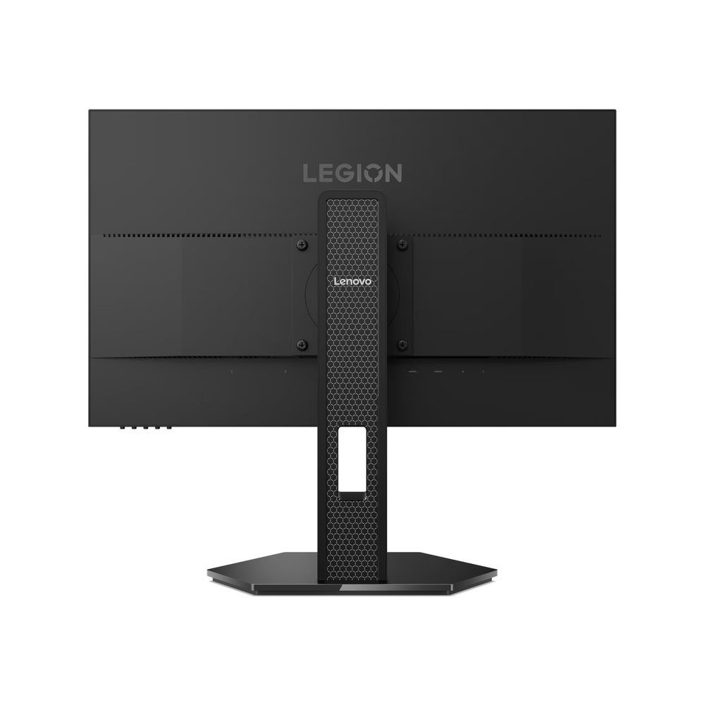Siyah Lenovo Legion monitörünün arka görünümü, standında altıgen desen bulunur.