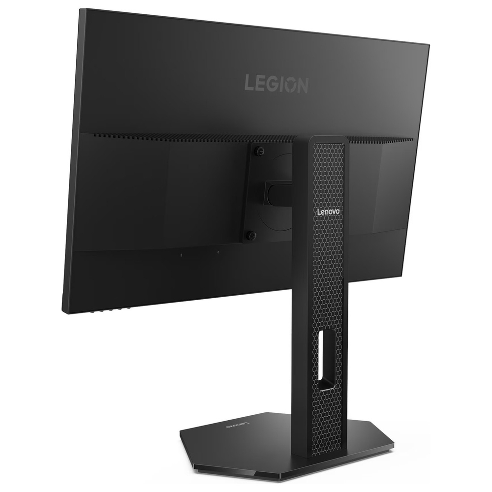 Gümüş logolu siyah Lenovo Legion monitörün arka görünümü.