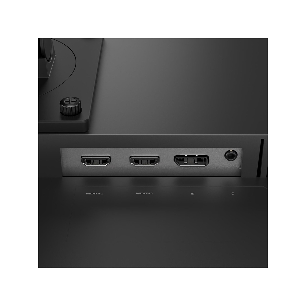 HDMI bağlantı noktaları ve ses jakı bulunan siyah monitörün arkası.
