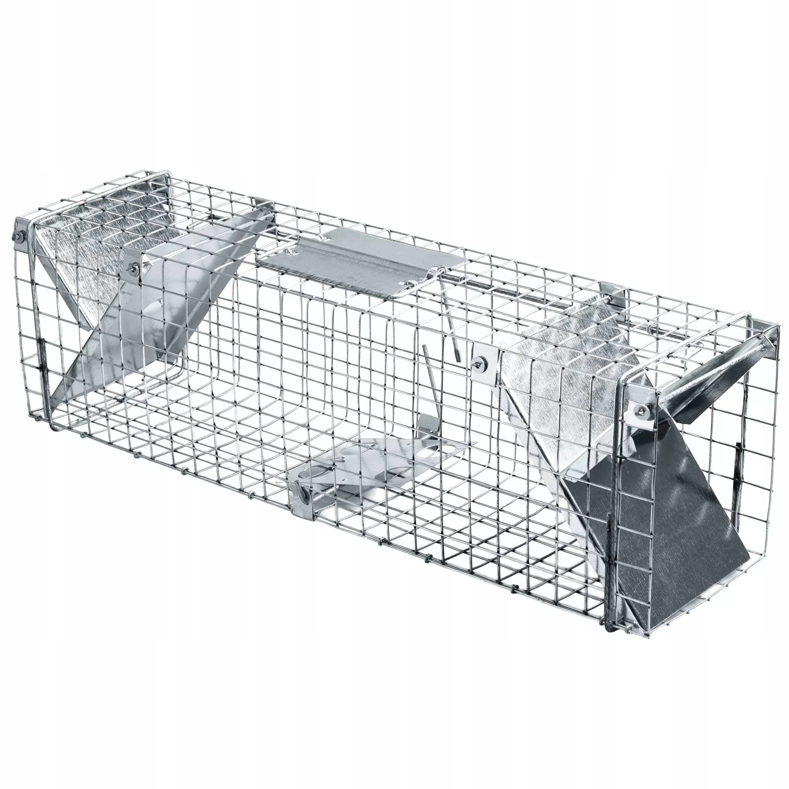 Ezüst fém ketreces csapda, két bejárattal és kioldó mechanizmusokkal.