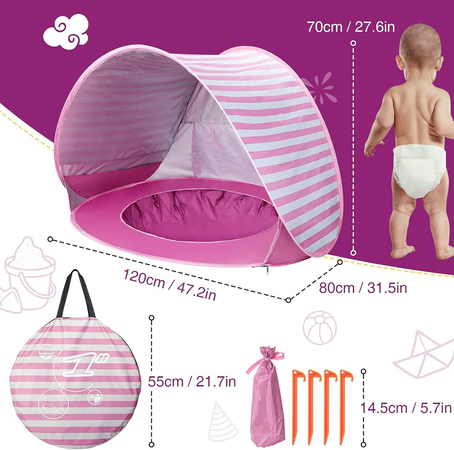 Ein rosafarbenes Zelt mit rosa und weißen Streifen, ein Baby, ein Tragetasche und Zubehör.
