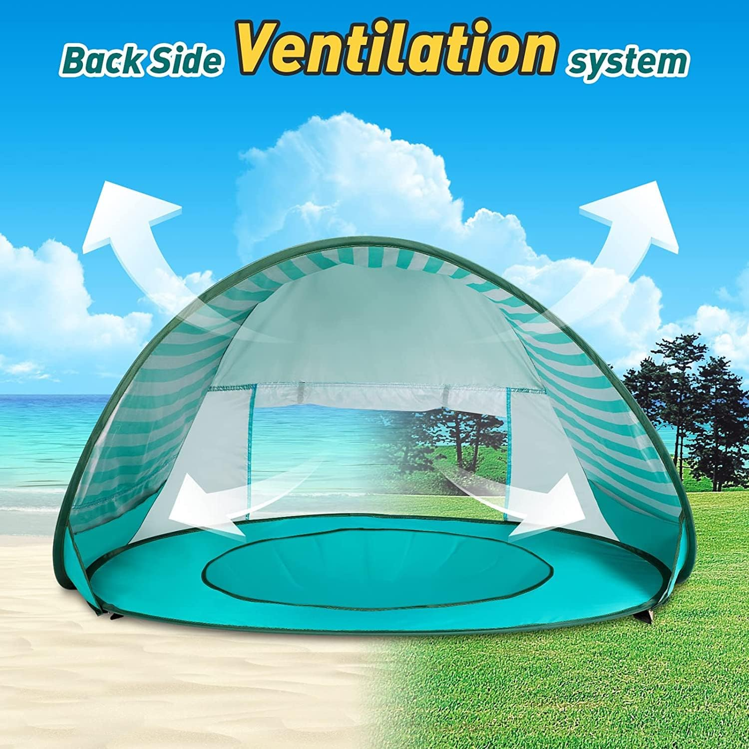 Ein türkisfarbener Strandzelt mit Belüftungspfeilen auf einer Sand- und Grasfläche.