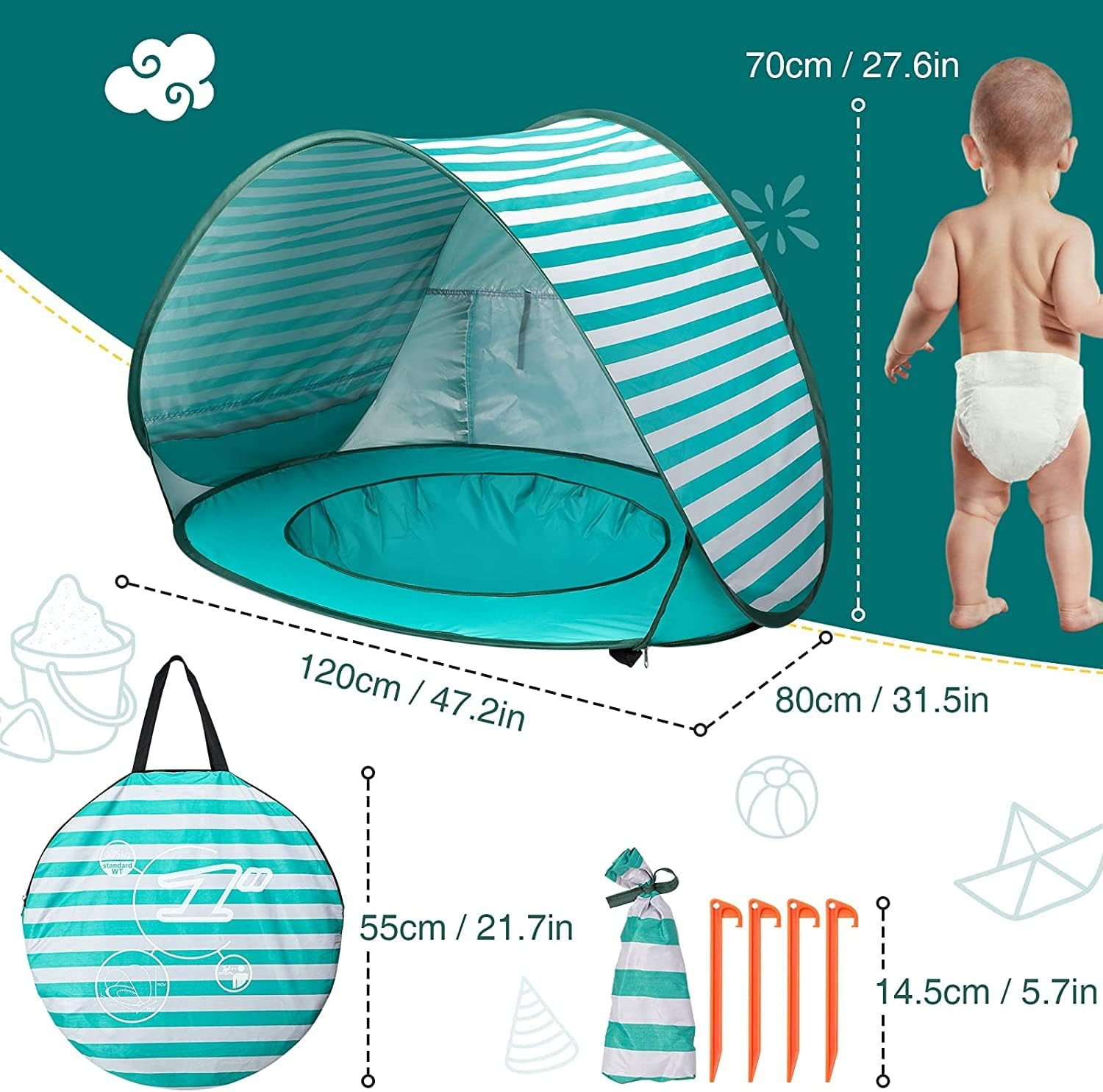 Ein gestreiftes Strandzelt mit einem Baby, Zeltmaßen und Zubehör.