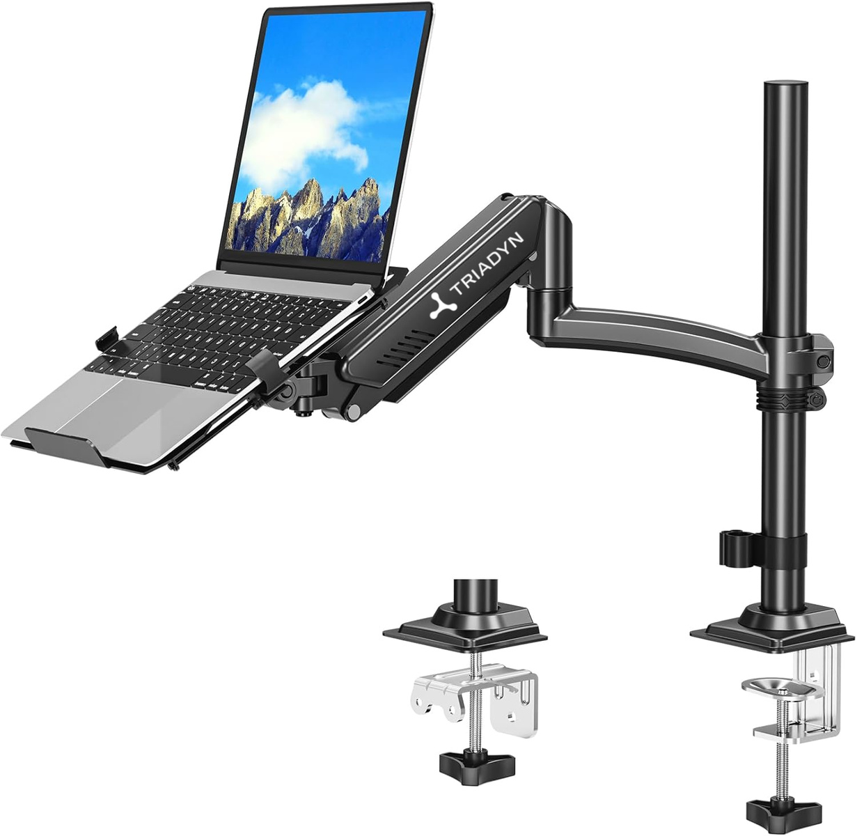 Laptop na czarnym ramieniu obrotowym przymocowanym do słupa.