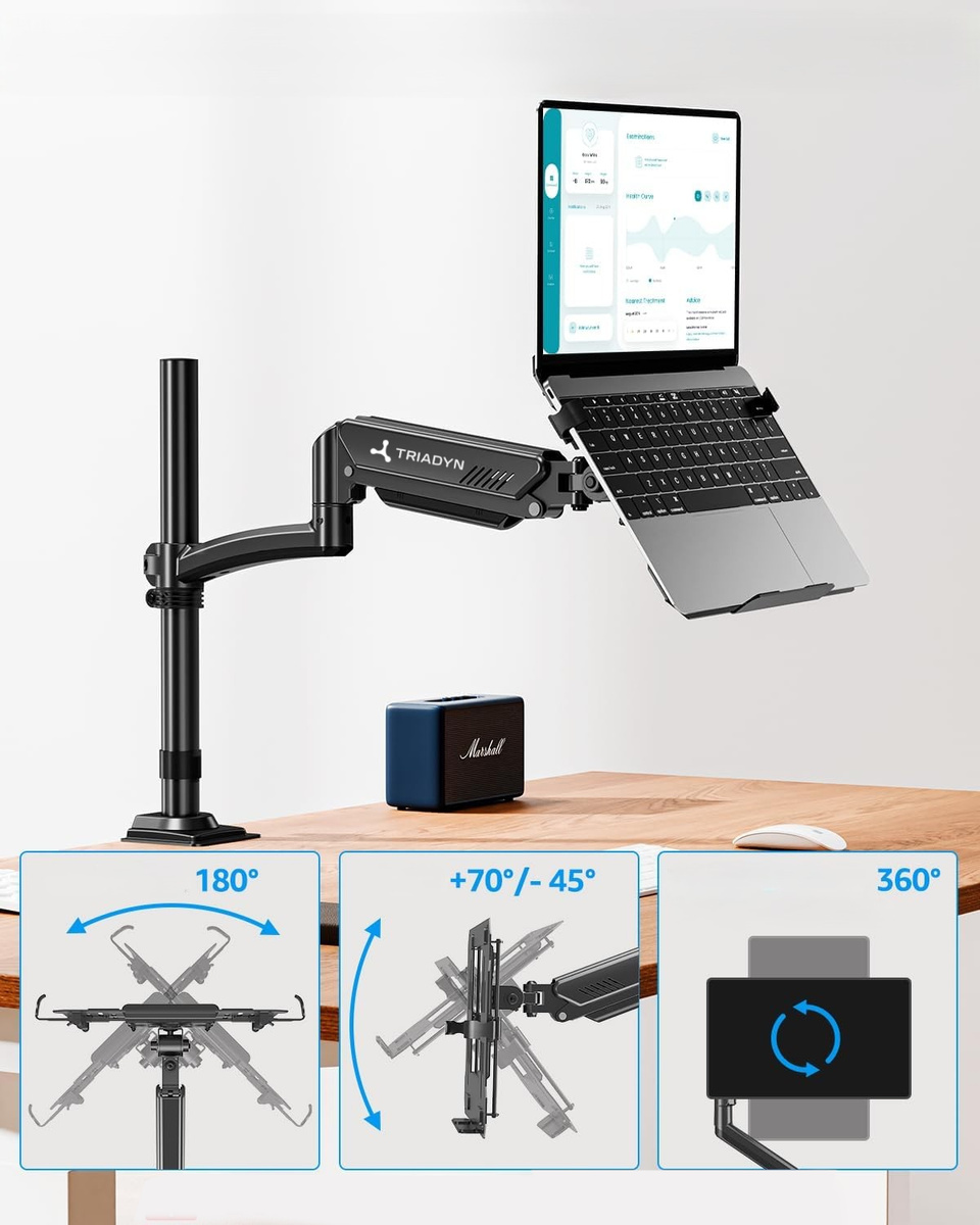 Czarny wysięgnik do laptopa z laptopem, głośnikiem Marshall i trzema diagramami.
