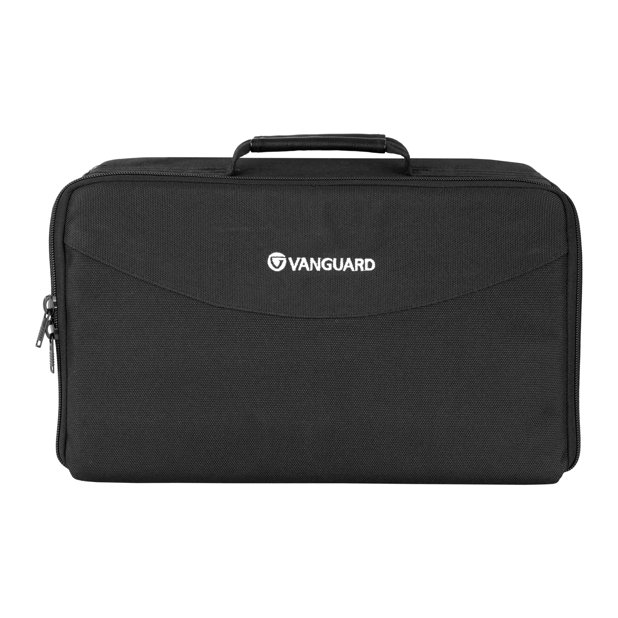 Bolso negro con asa y cremallera, logo blanco de Vanguard.
