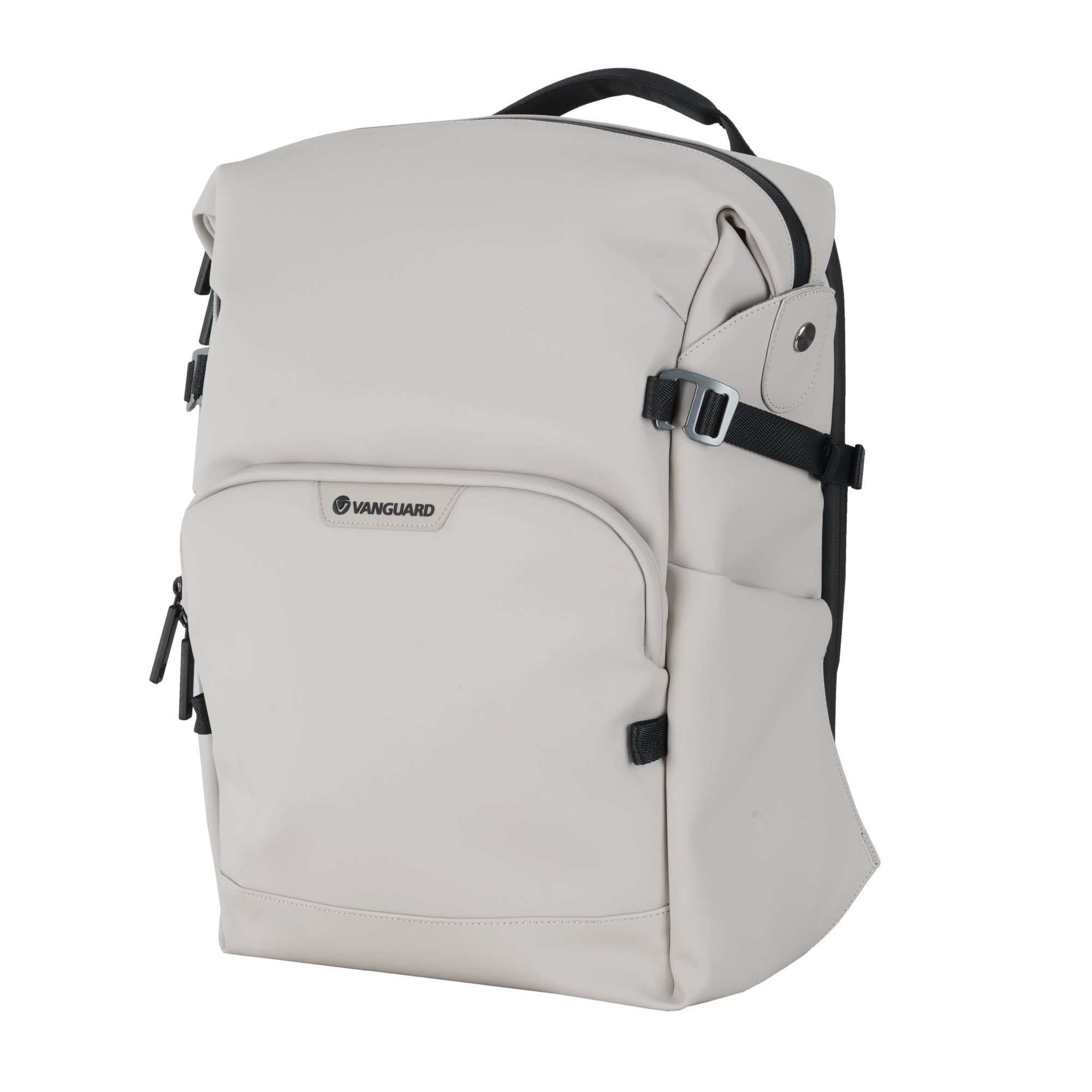 Mochila Vanguard gris claro con correas y hebillas negras.