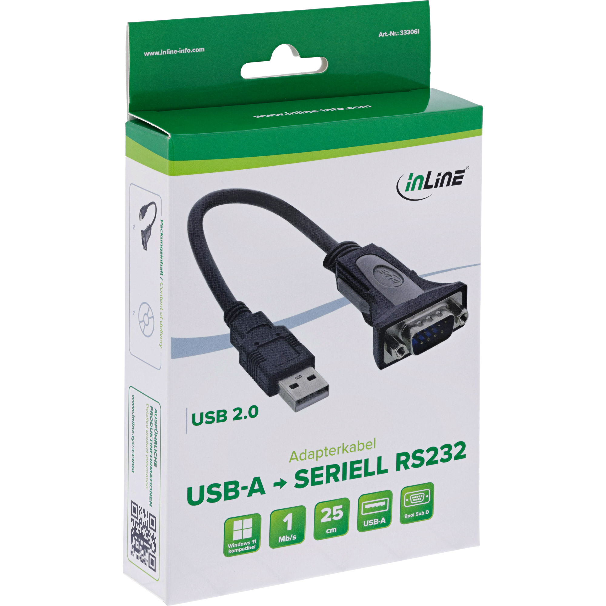 Una scatola mostra un cavo adattatore da USB 2.0 a RS232 con connettori USB-A e Sub D a 9 pin.