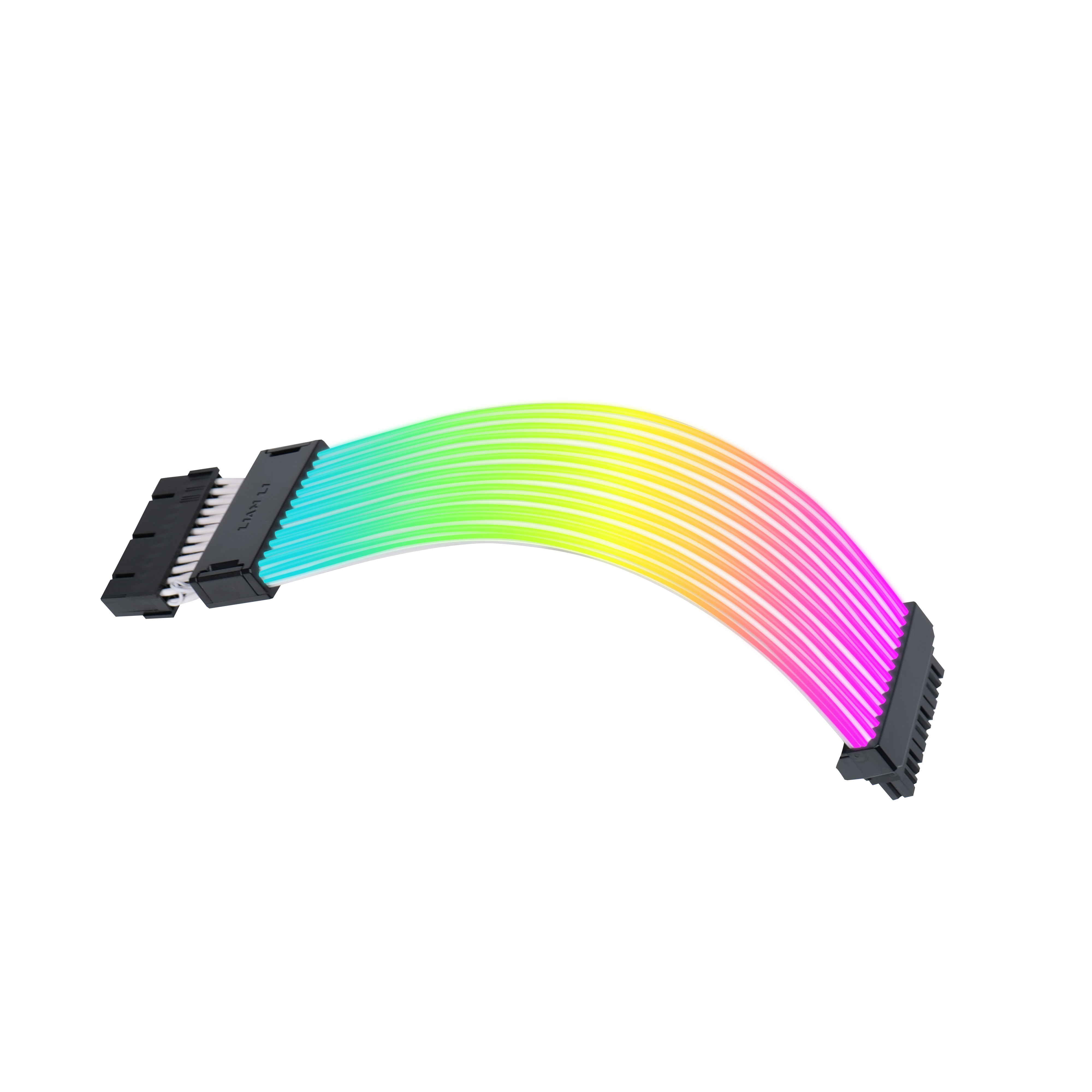 Un cavo RGB arcobaleno con connettori neri, mostrato curvo.