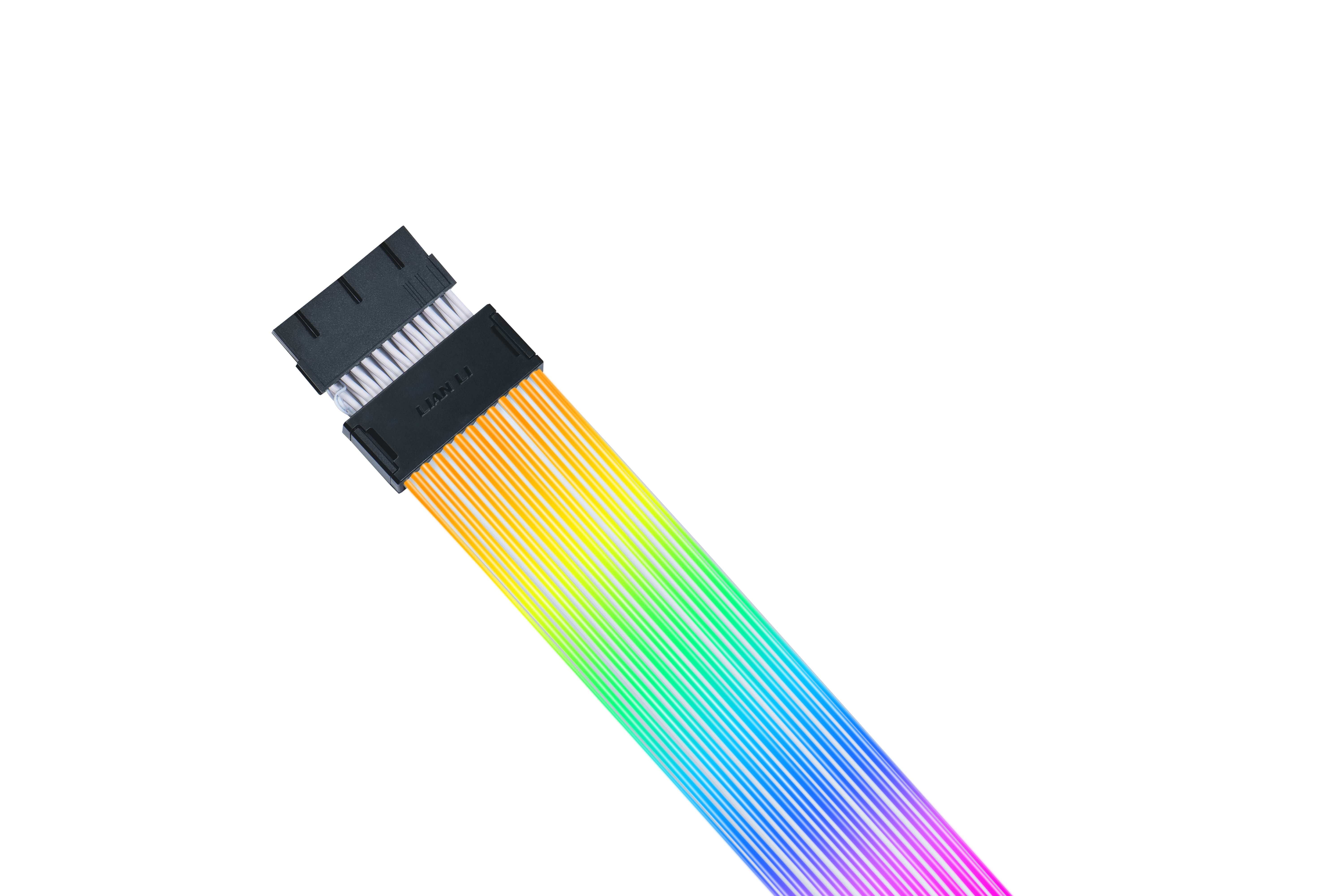 Un connettore nero con cavi color arcobaleno su sfondo bianco.