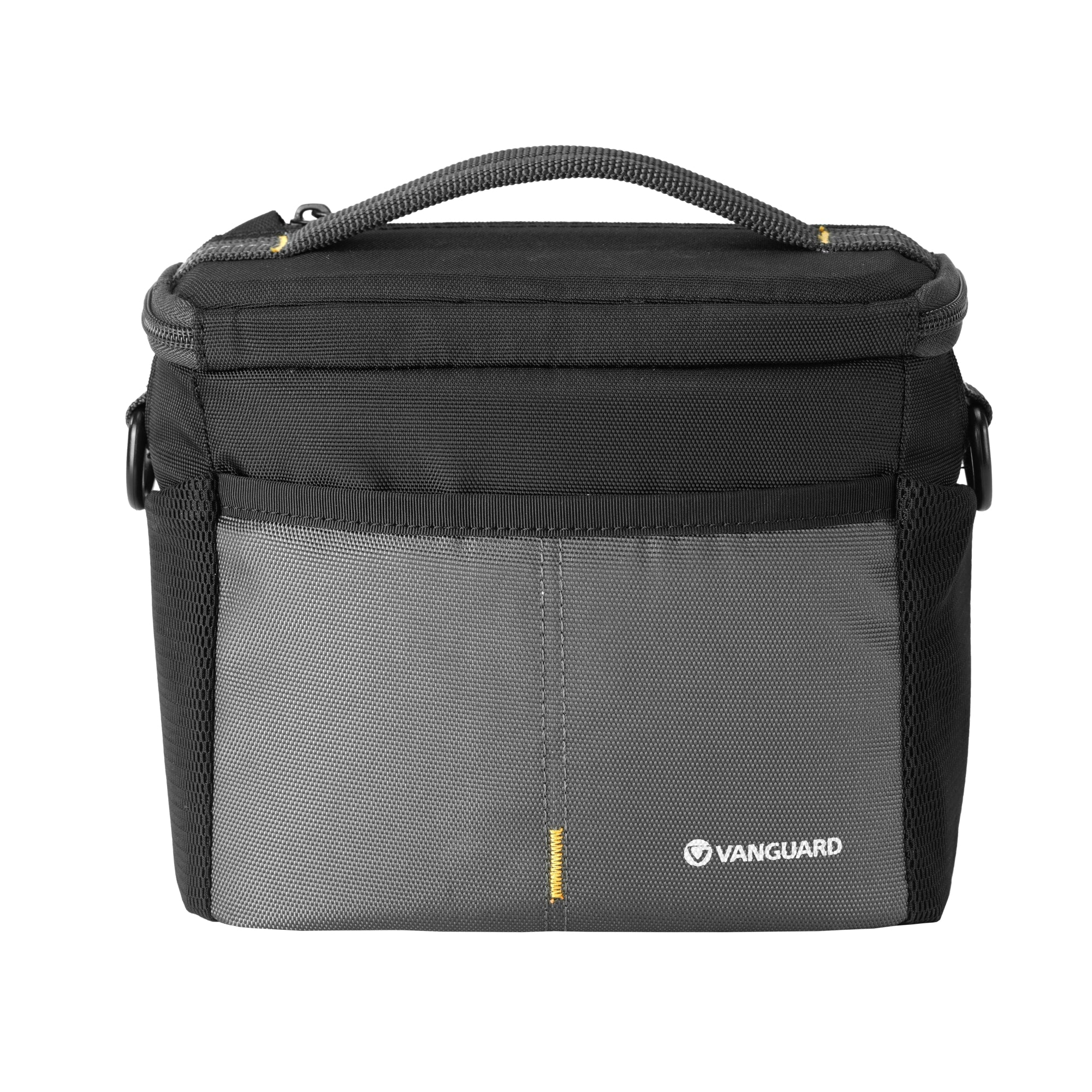 Una bolsa de cámara negra y gris con asa y bolsillos laterales de malla.