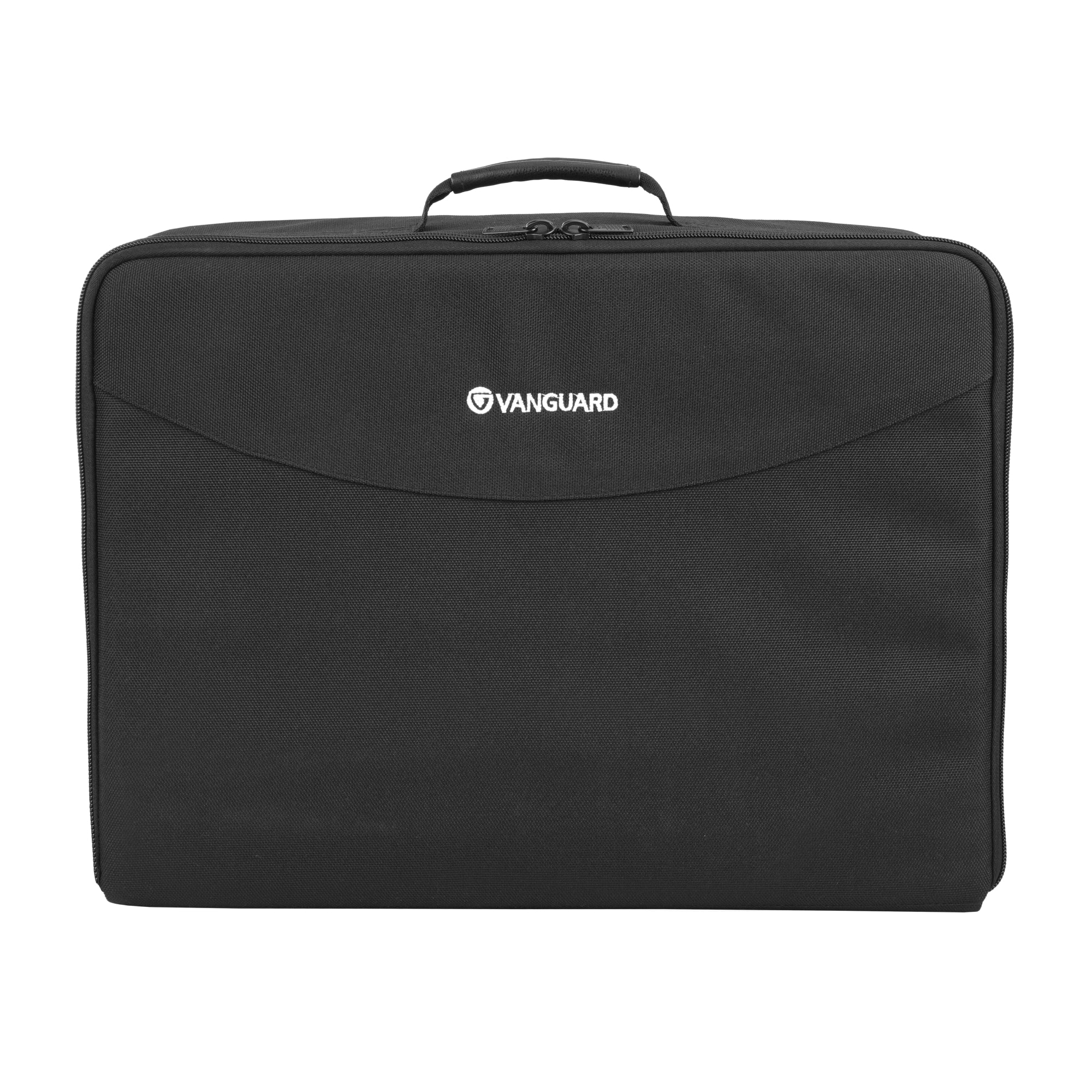 Bolso negro para portátil con asa y cierre de cremallera, logo VANGUARD.