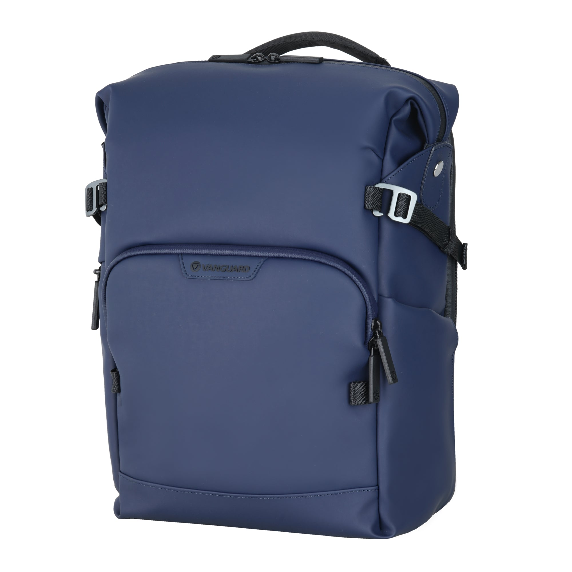 Una mochila azul marino Vanguard con cremalleras y hebillas.