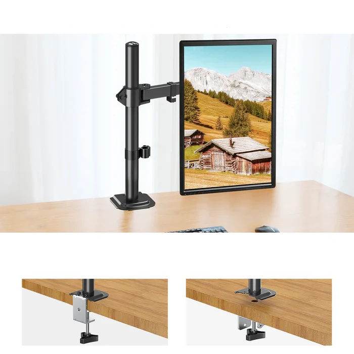 Czarny uchwyt na monitor stoi na biurku, trzymając pionowy ekran z górskim krajobrazem.