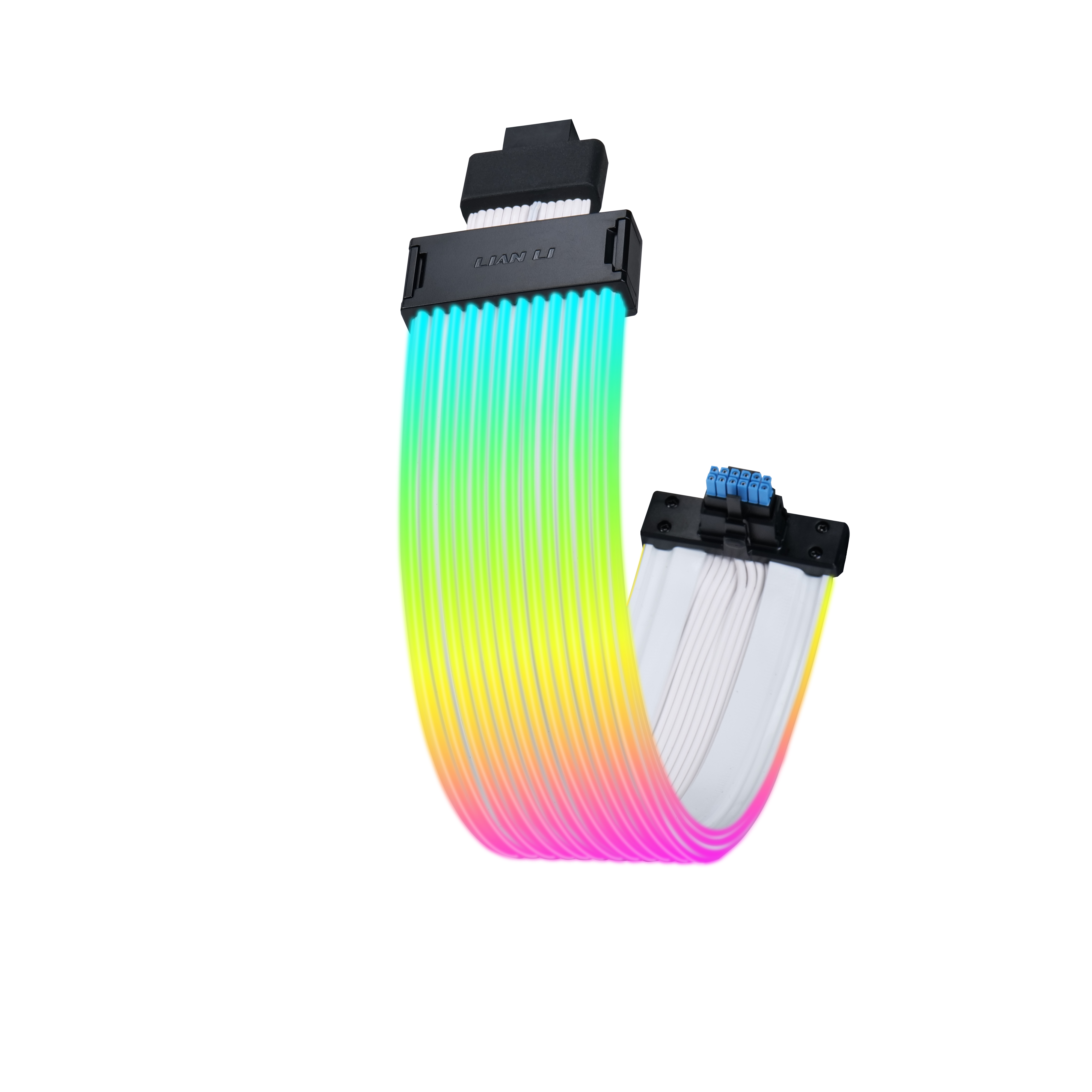 Un cavo RGB Lian Li con connettore blu e fili multicolore luminosi.