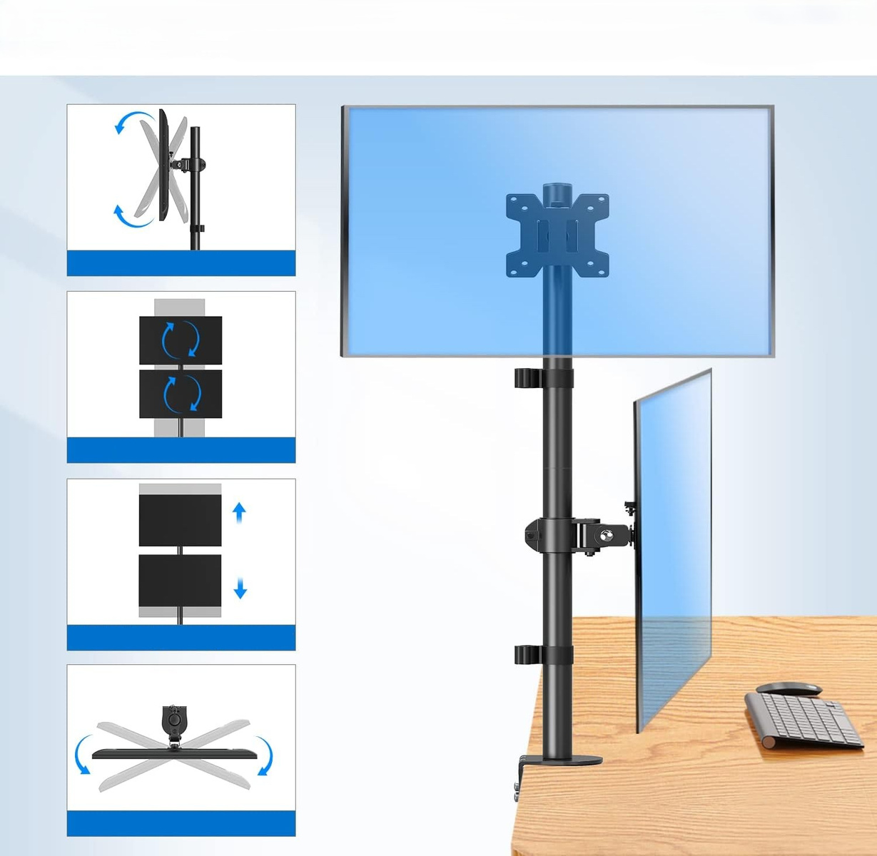 Metalowy stojak na monitor z wieloma opcjami regulacji na biurku.
