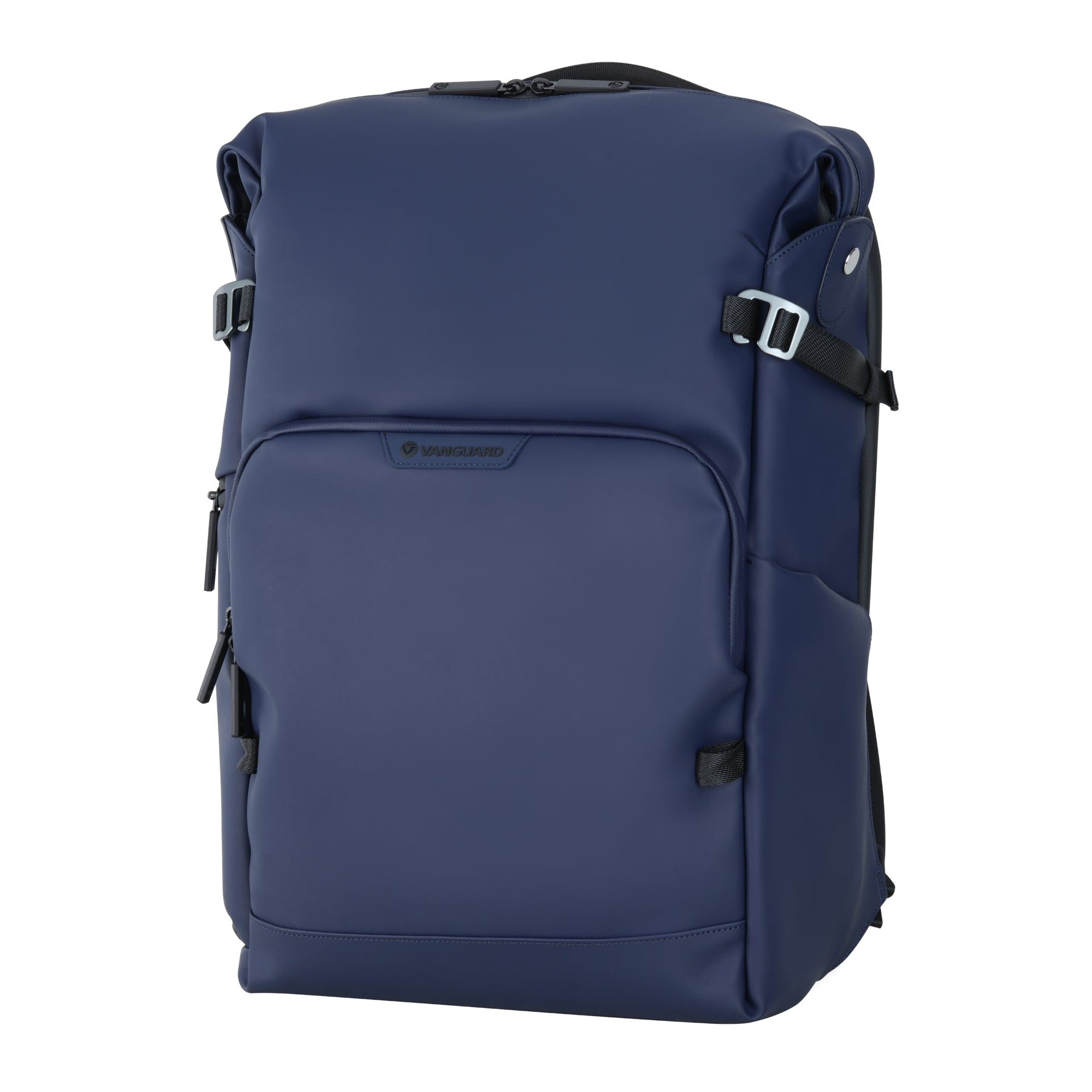Una mochila azul oscuro con bolsillos con cremallera y hebillas.