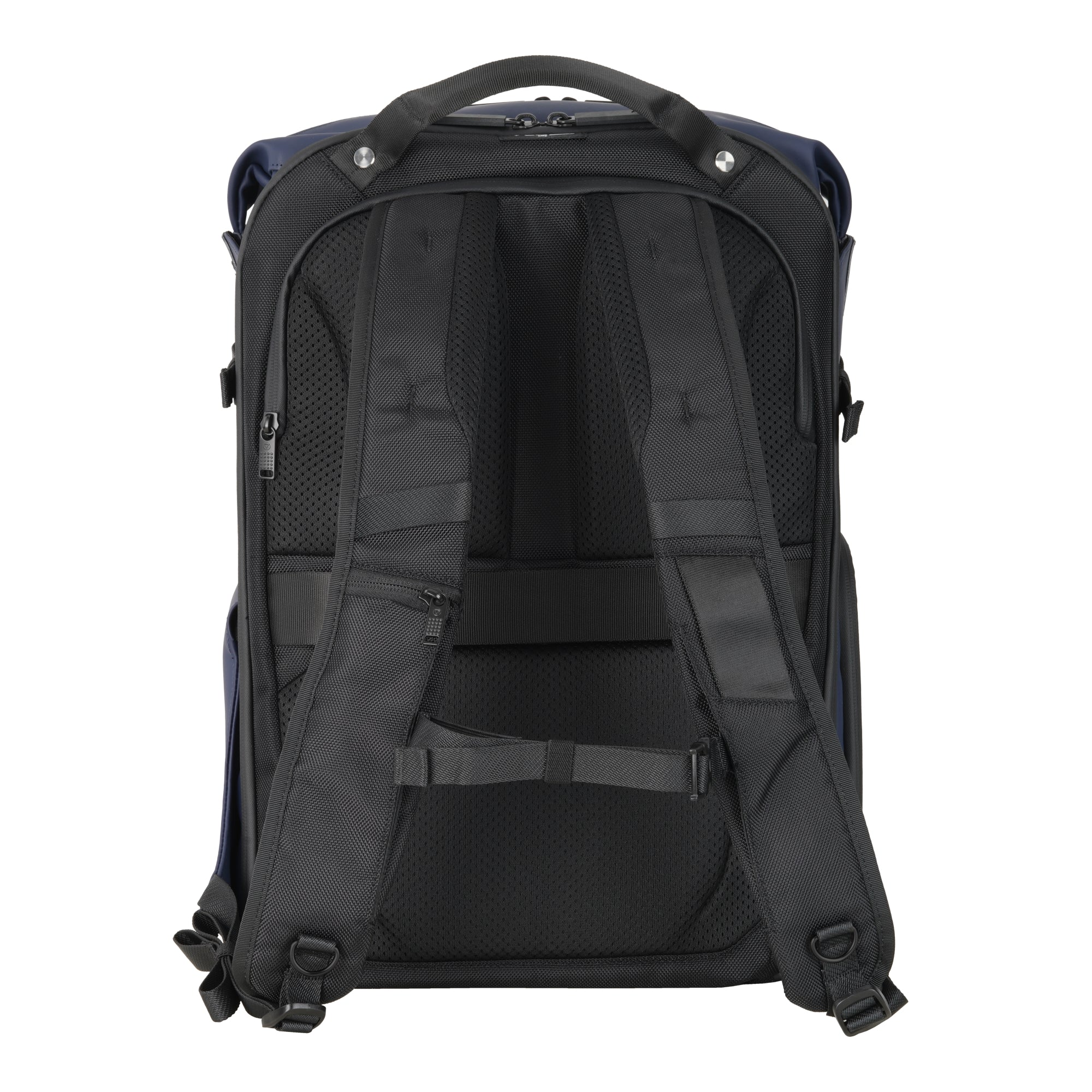 Vista trasera de una mochila azul y negra con correas acolchadas y ventilación.