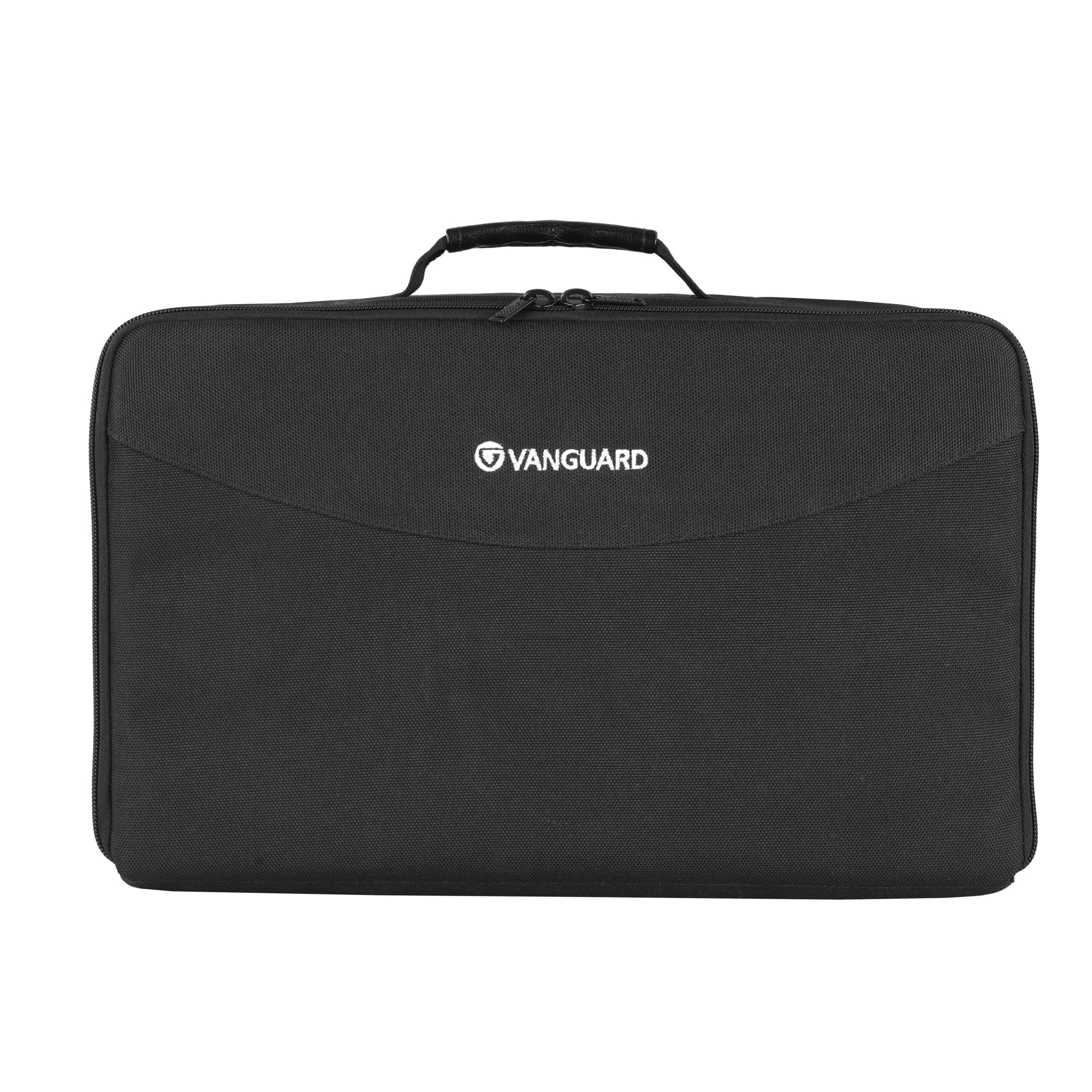 Bolso negro con asa y logo de Vanguard. Cierre de cremallera superior.