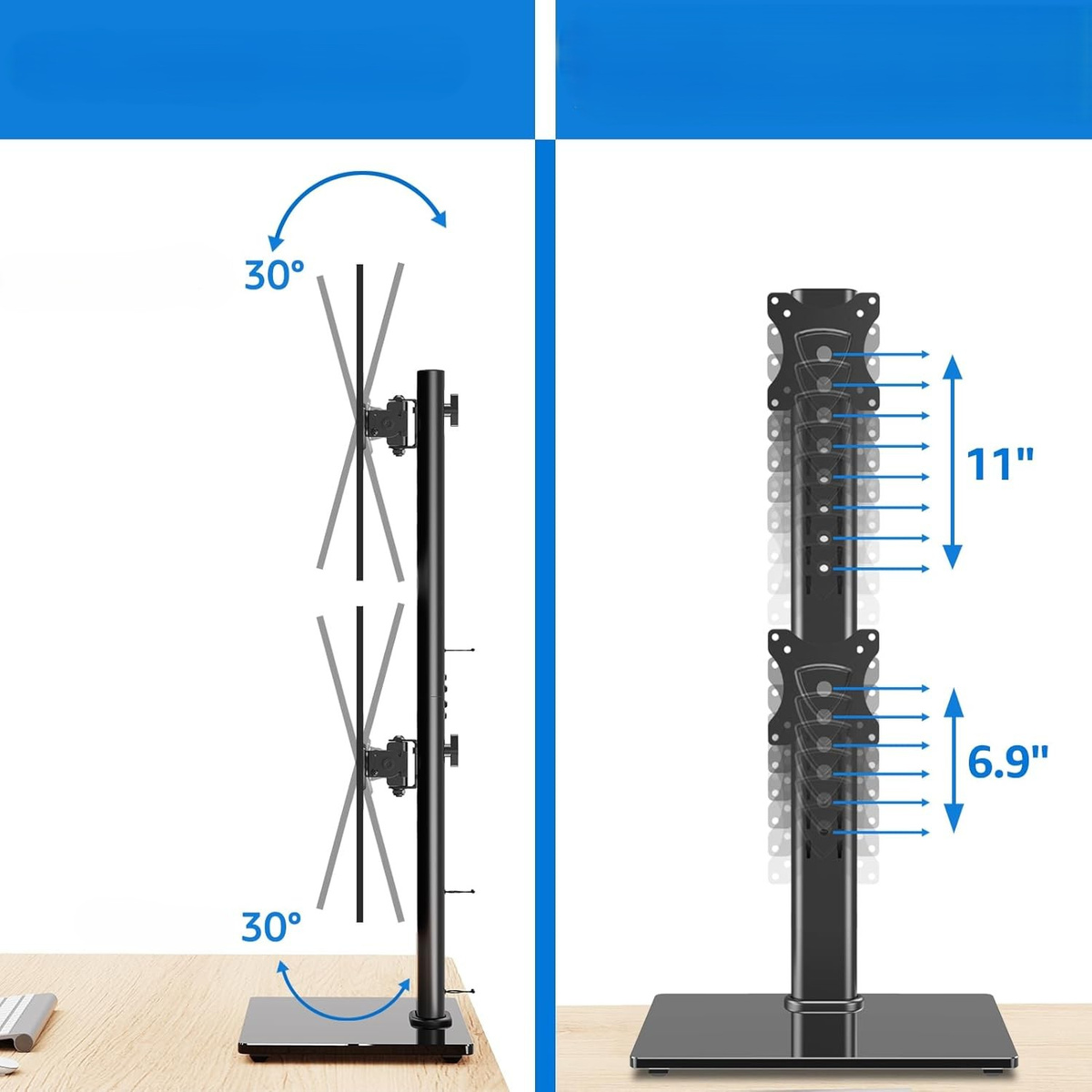 Podstawa pod dwa monitory z pochyleniem 30° i regulacją wysokości 11"/6.9".