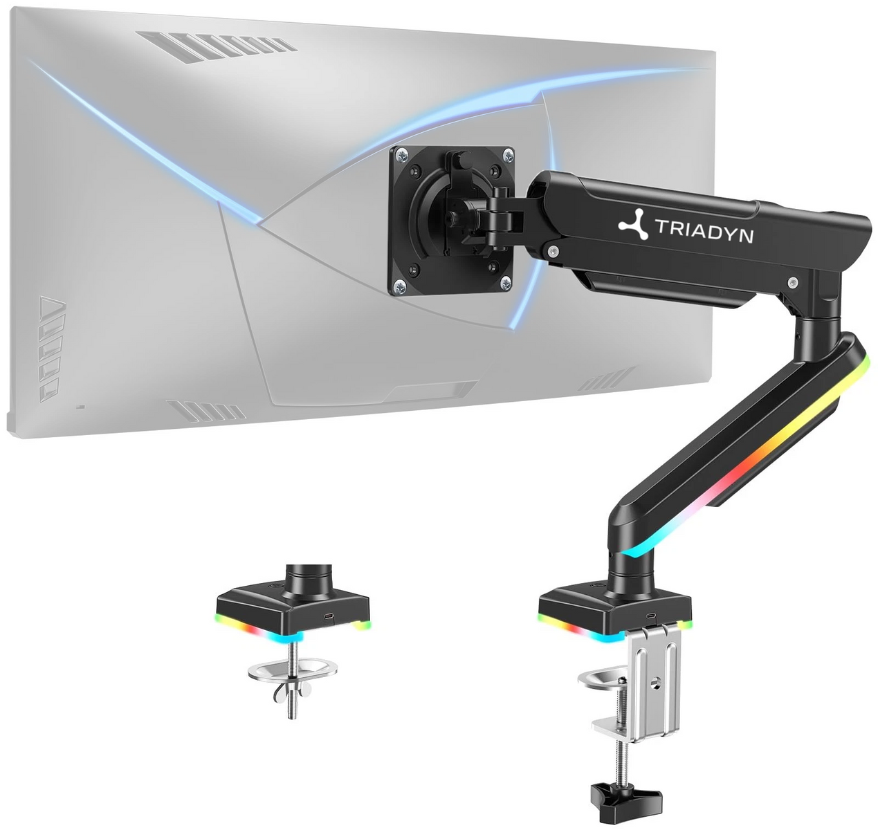 Czarny wysięgnik monitora z podświetleniem RGB mocuje się do monitora.